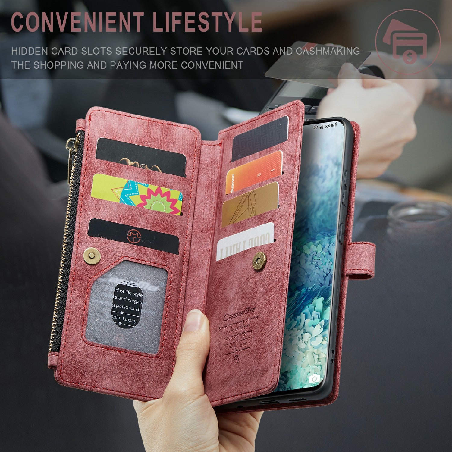 CASEME C30 Series Zipper Pocket Shockproof Built-in 10 Card Slots TPU PU Leather Wallet Phone Protective Case Phone Cover for Samsung Galaxy S20 Plus - Red