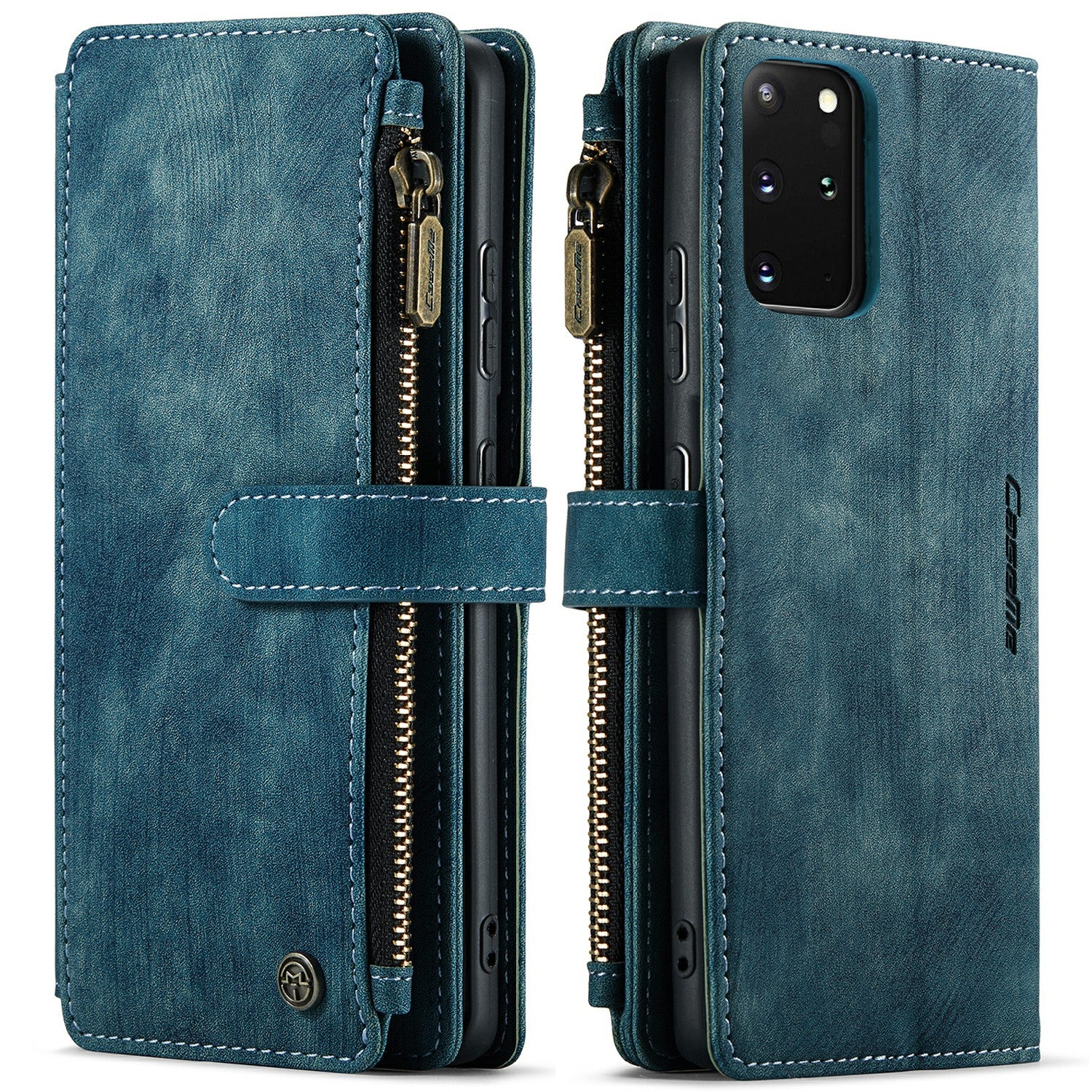 CASEME C30 Series Zipper Pocket Shockproof Built-in 10 Card Slots TPU PU Leather Wallet Phone Protective Case Phone Cover for Samsung Galaxy S20 Plus - Blue