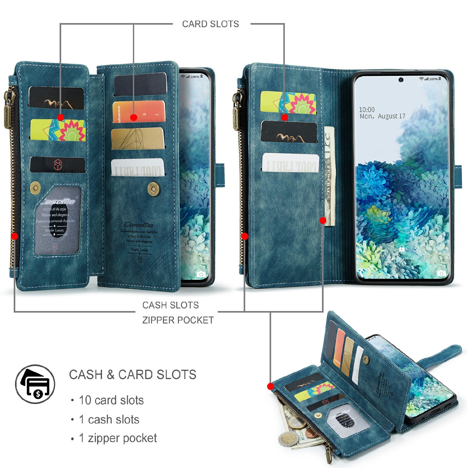 CASEME C30 Series Zipper Pocket Shockproof Built-in 10 Card Slots TPU PU Leather Wallet Phone Protective Case Phone Cover for Samsung Galaxy S20 Plus - Blue