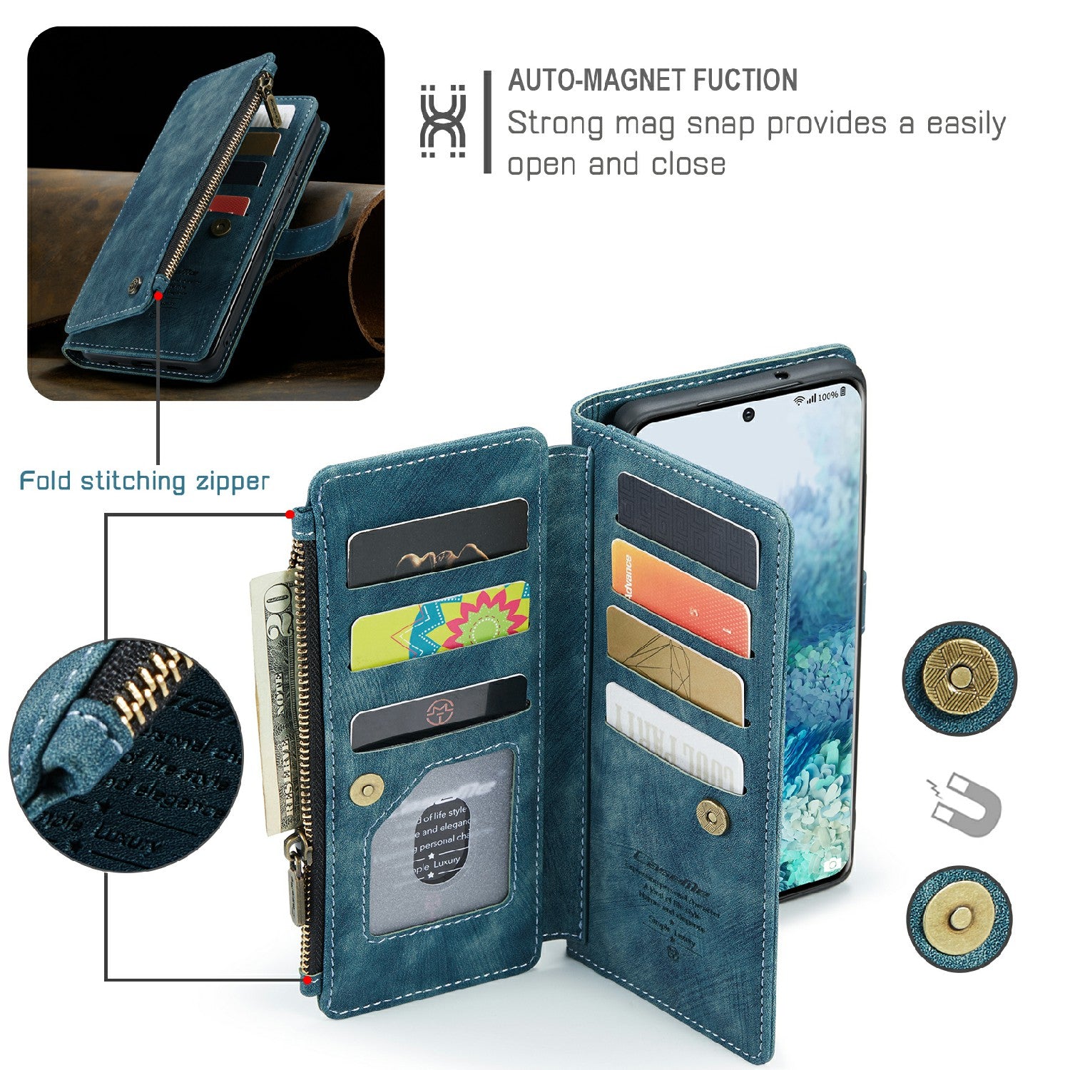 CASEME C30 Series Zipper Pocket Shockproof Built-in 10 Card Slots TPU PU Leather Wallet Phone Protective Case Phone Cover for Samsung Galaxy S20 Plus - Blue