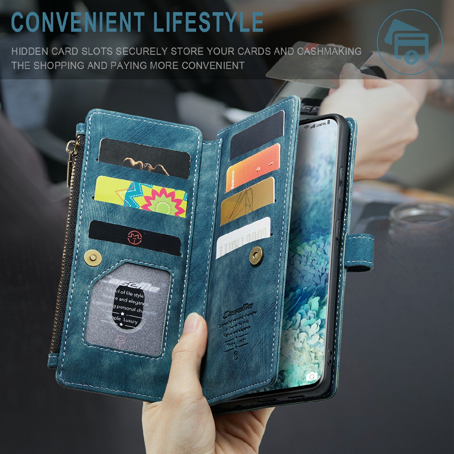 CASEME C30 Series Zipper Pocket Shockproof Built-in 10 Card Slots TPU PU Leather Wallet Phone Protective Case Phone Cover for Samsung Galaxy S20 Plus - Blue