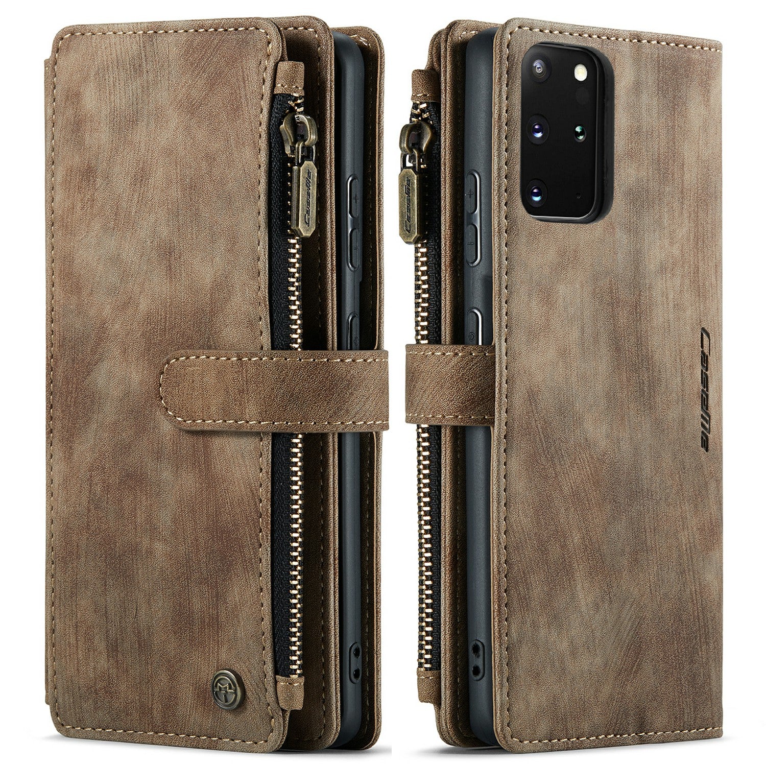 CASEME C30 Series Zipper Pocket Shockproof Built-in 10 Card Slots TPU PU Leather Wallet Phone Protective Case Phone Cover for Samsung Galaxy S20 Plus - Brown