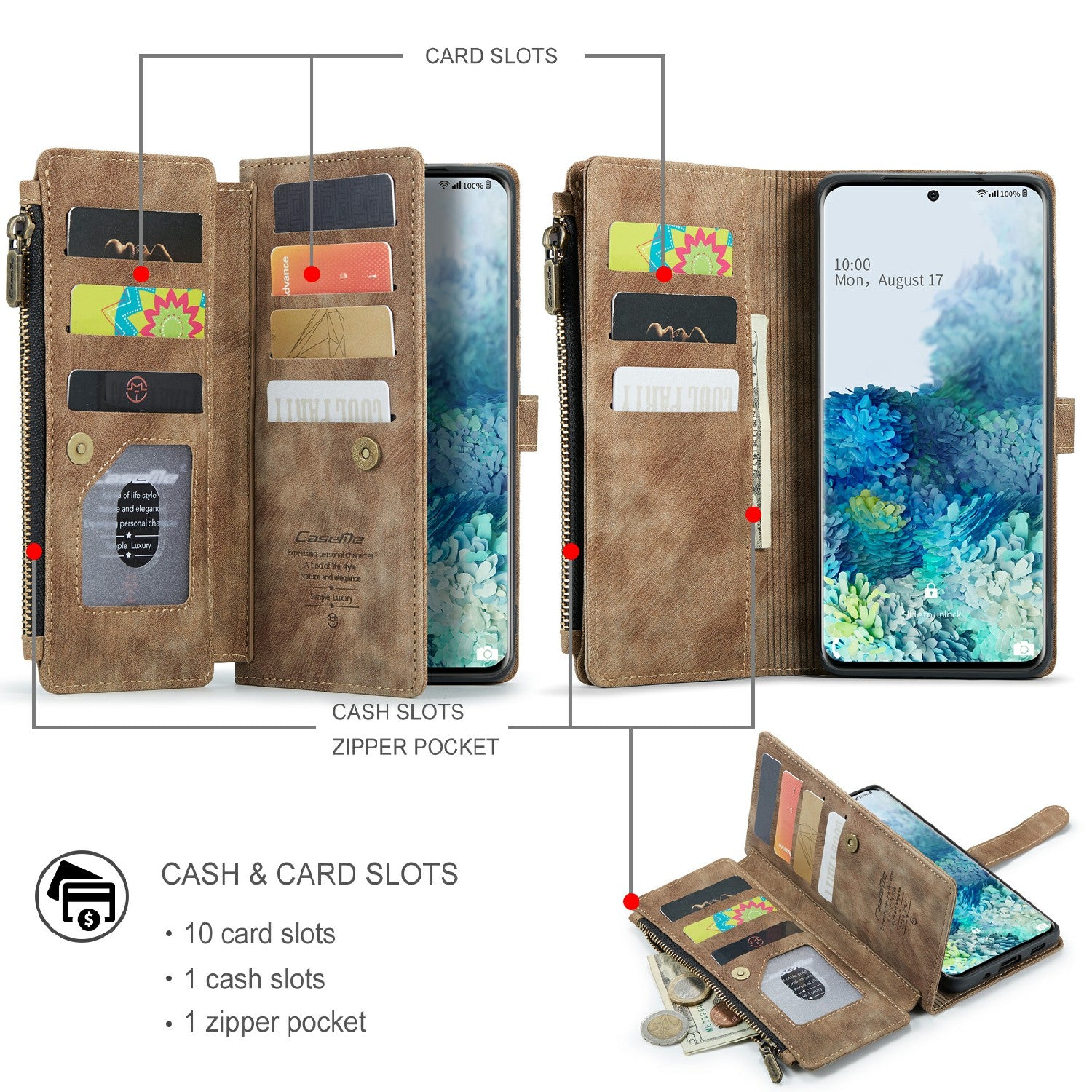 CASEME C30 Series Zipper Pocket Shockproof Built-in 10 Card Slots TPU PU Leather Wallet Phone Protective Case Phone Cover for Samsung Galaxy S20 Plus - Brown