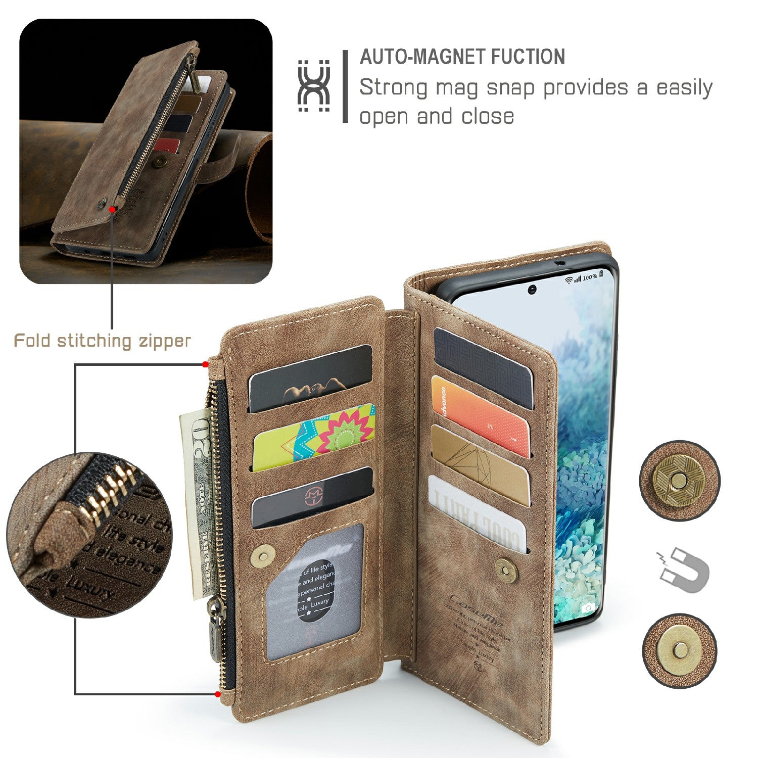 CASEME C30 Series Zipper Pocket Shockproof Built-in 10 Card Slots TPU PU Leather Wallet Phone Protective Case Phone Cover for Samsung Galaxy S20 Plus - Brown