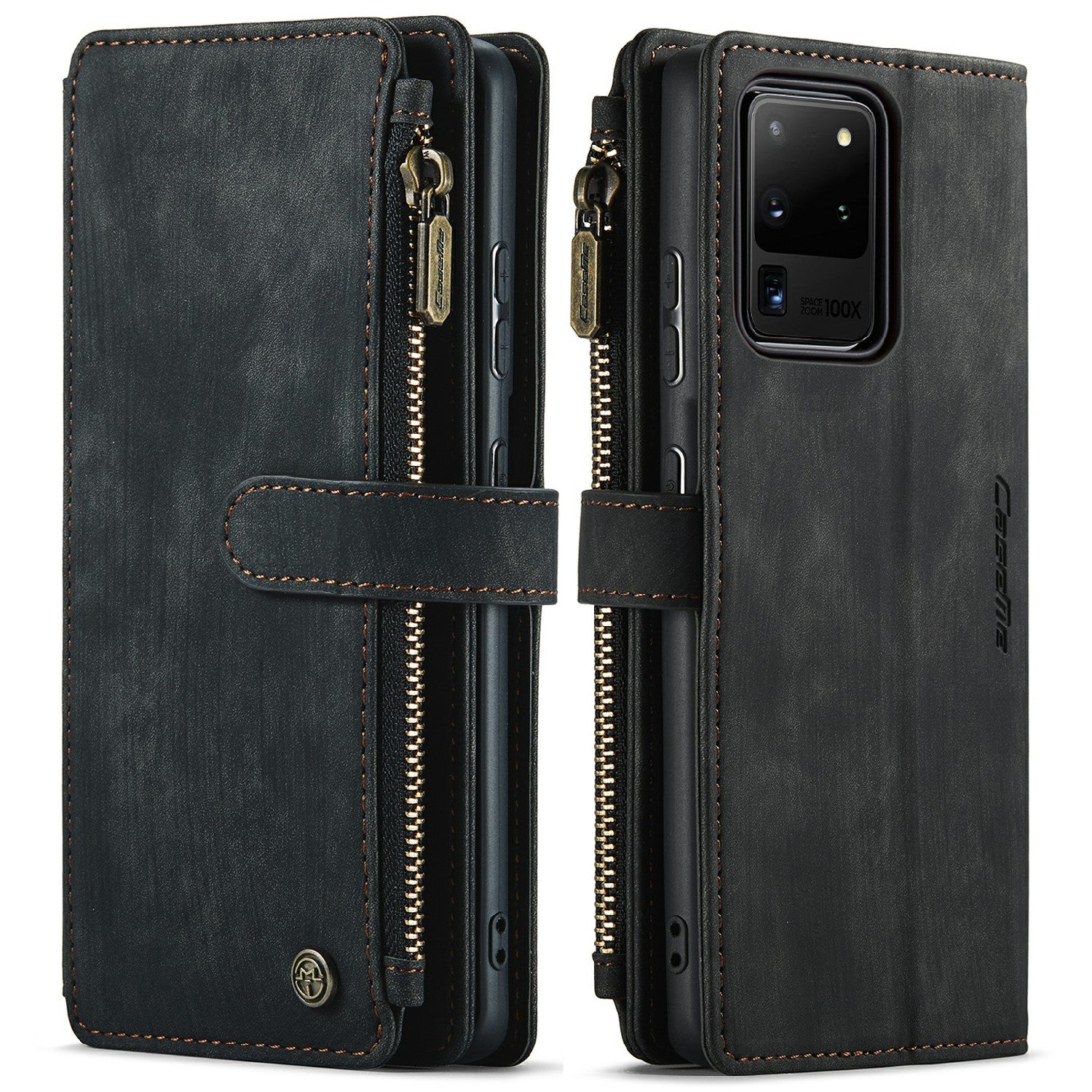 CASEME C30 Series For Samsung Galaxy S20 Ultra Scratch Resistant Supporting Stand Design Zipper Pocket Shockproof PU Leather TPU Wallet Cover Flip Case Phone Case - Black