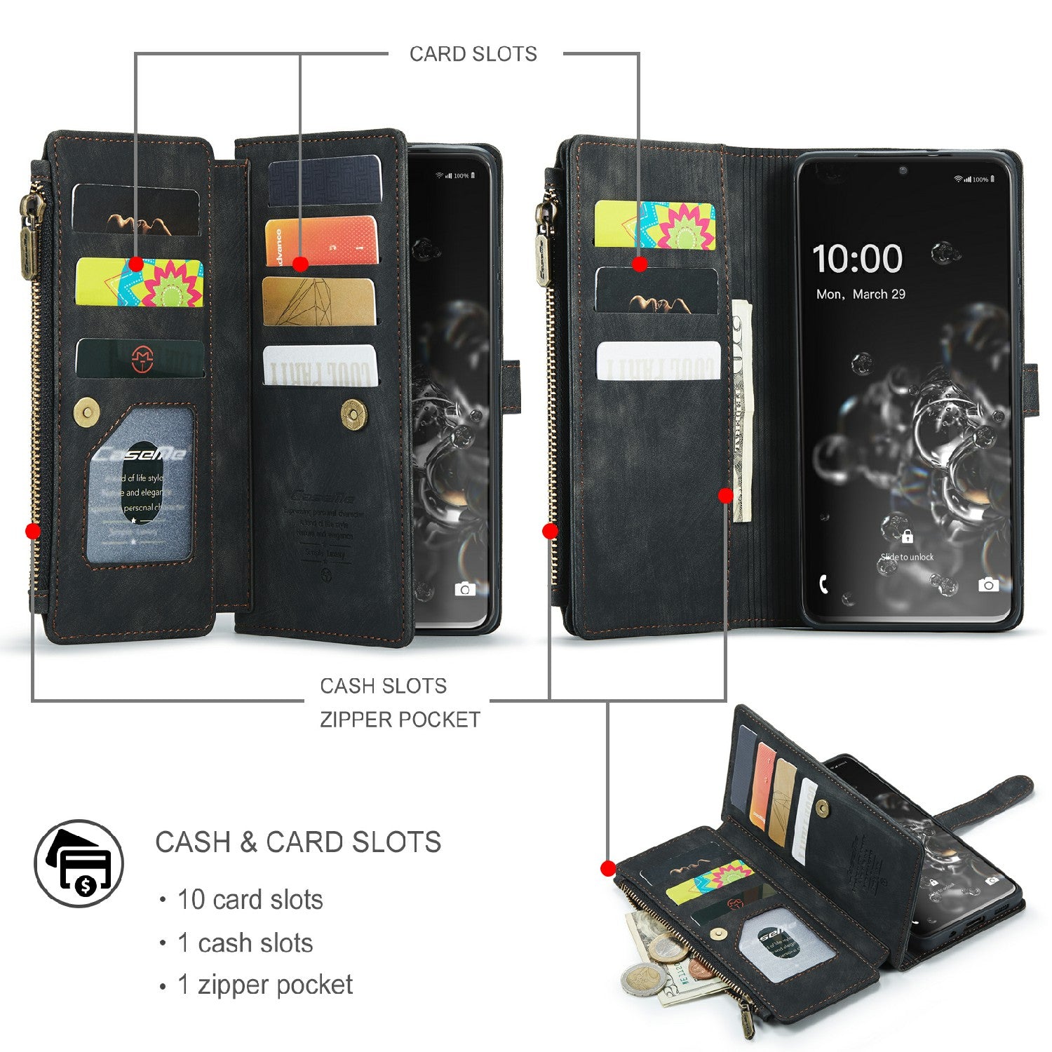 CASEME C30 Series For Samsung Galaxy S20 Ultra Scratch Resistant Supporting Stand Design Zipper Pocket Shockproof PU Leather TPU Wallet Cover Flip Case Phone Case - Black