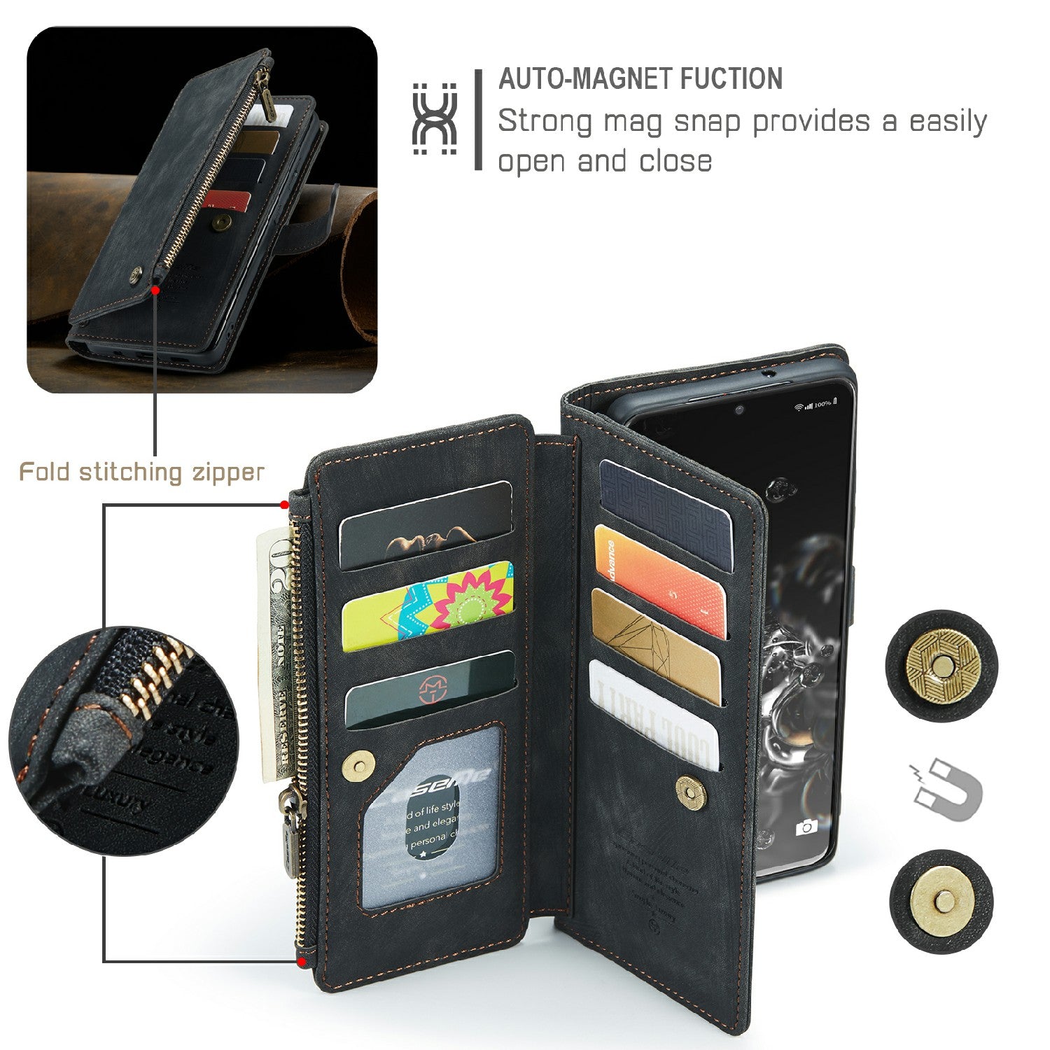 CASEME C30 Series For Samsung Galaxy S20 Ultra Scratch Resistant Supporting Stand Design Zipper Pocket Shockproof PU Leather TPU Wallet Cover Flip Case Phone Case - Black