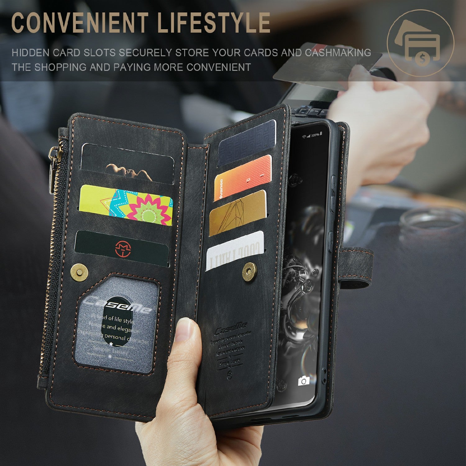 CASEME C30 Series For Samsung Galaxy S20 Ultra Scratch Resistant Supporting Stand Design Zipper Pocket Shockproof PU Leather TPU Wallet Cover Flip Case Phone Case - Black