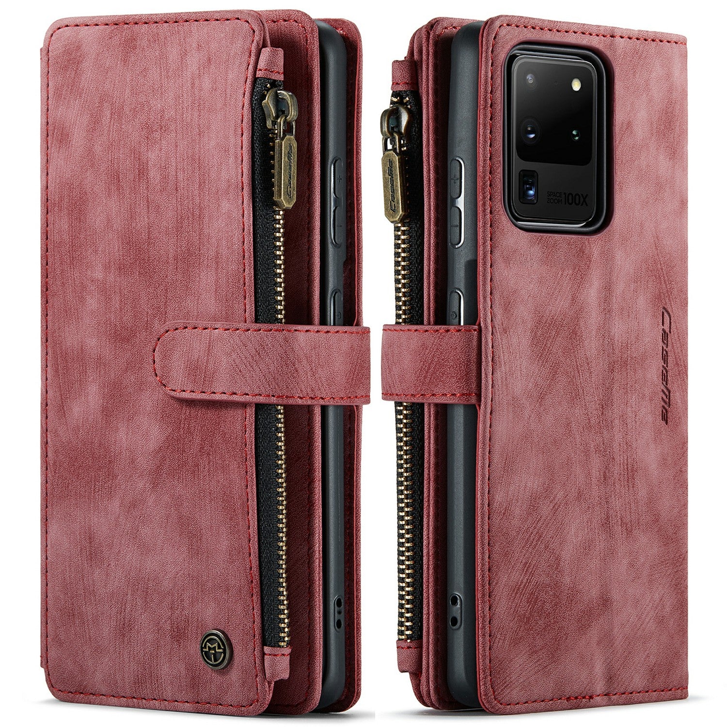 CASEME C30 Series For Samsung Galaxy S20 Ultra Scratch Resistant Supporting Stand Design Zipper Pocket Shockproof PU Leather TPU Wallet Cover Flip Case Phone Case - Red