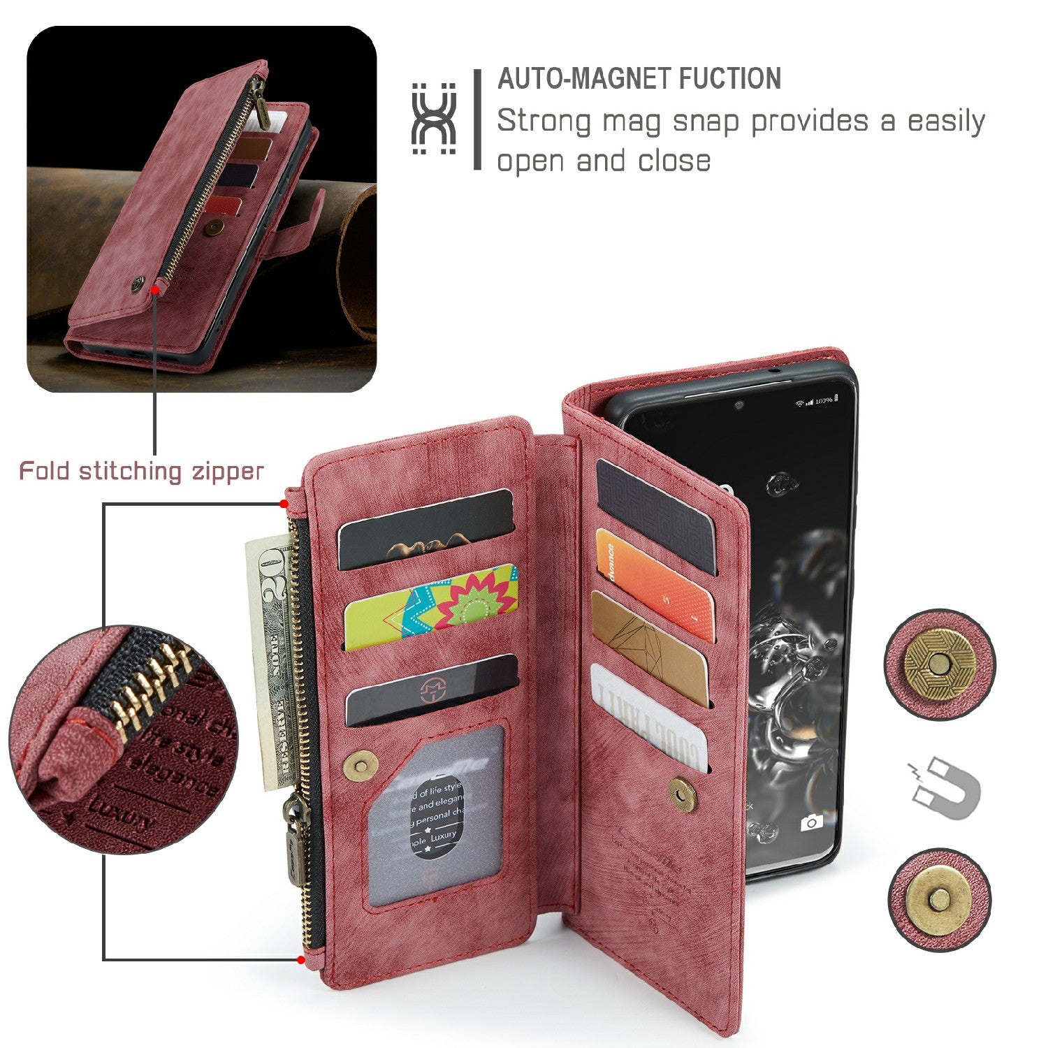 CASEME C30 Series For Samsung Galaxy S20 Ultra Scratch Resistant Supporting Stand Design Zipper Pocket Shockproof PU Leather TPU Wallet Cover Flip Case Phone Case - Red