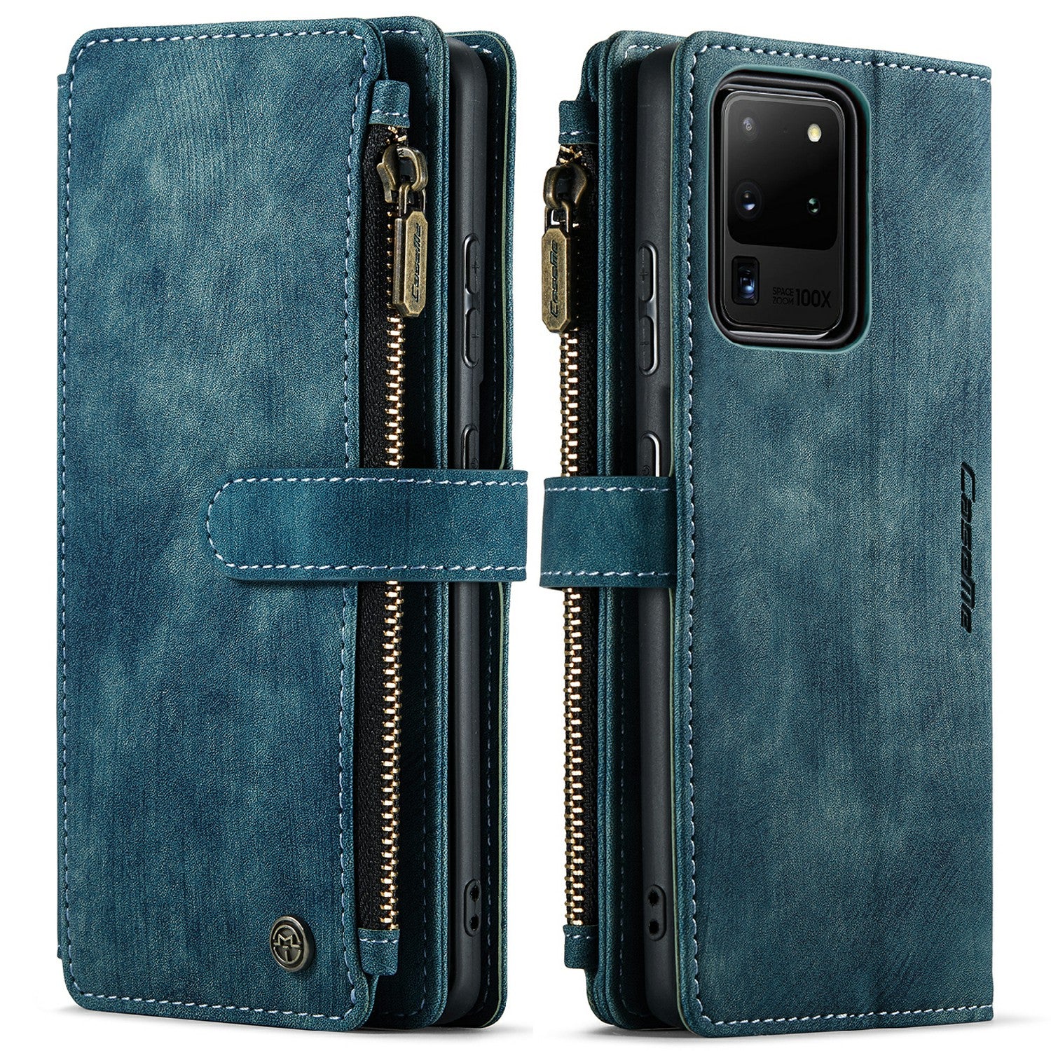 CASEME C30 Series For Samsung Galaxy S20 Ultra Scratch Resistant Supporting Stand Design Zipper Pocket Shockproof PU Leather TPU Wallet Cover Flip Case Phone Case - Blue