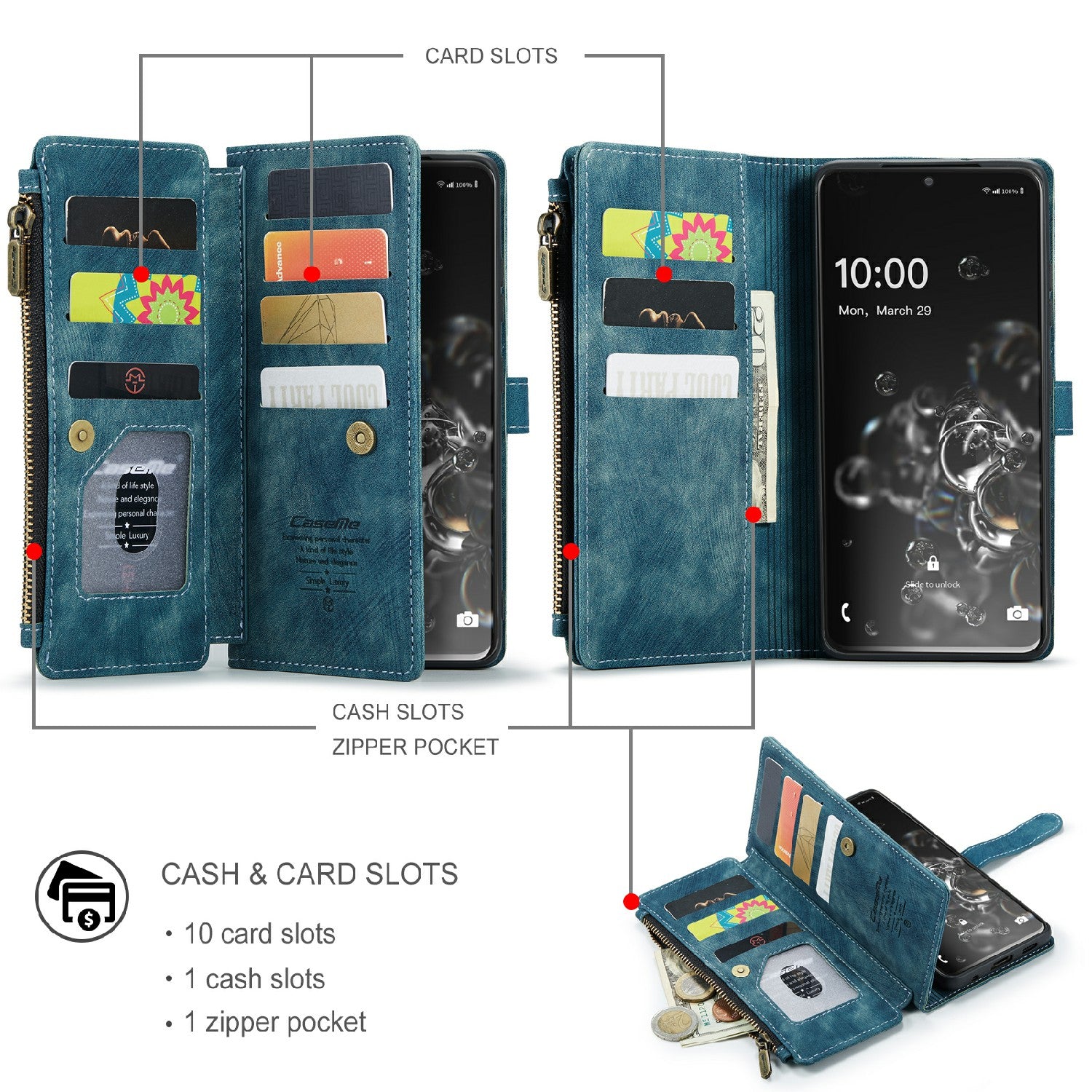 CASEME C30 Series For Samsung Galaxy S20 Ultra Scratch Resistant Supporting Stand Design Zipper Pocket Shockproof PU Leather TPU Wallet Cover Flip Case Phone Case - Blue