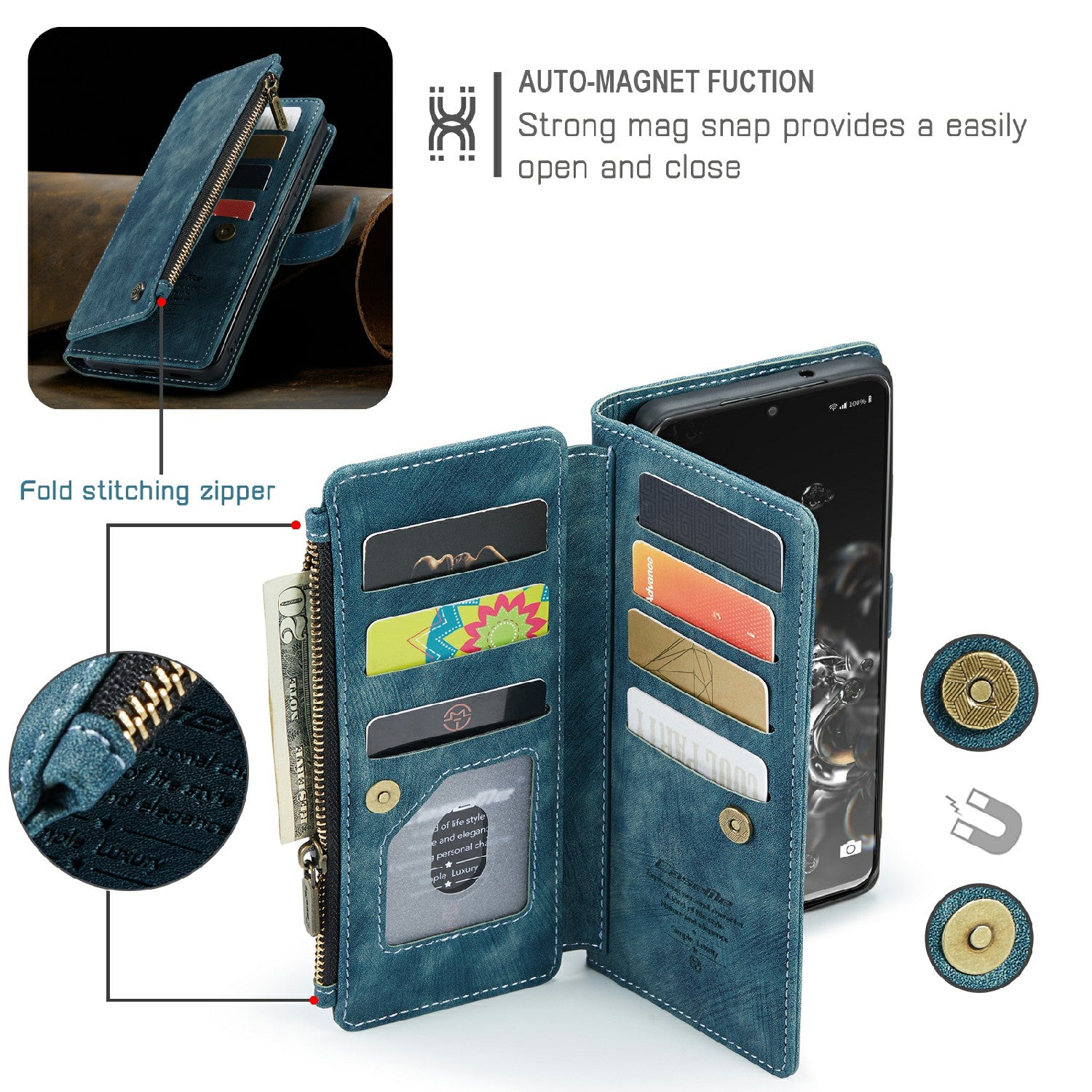 CASEME C30 Series For Samsung Galaxy S20 Ultra Scratch Resistant Supporting Stand Design Zipper Pocket Shockproof PU Leather TPU Wallet Cover Flip Case Phone Case - Blue