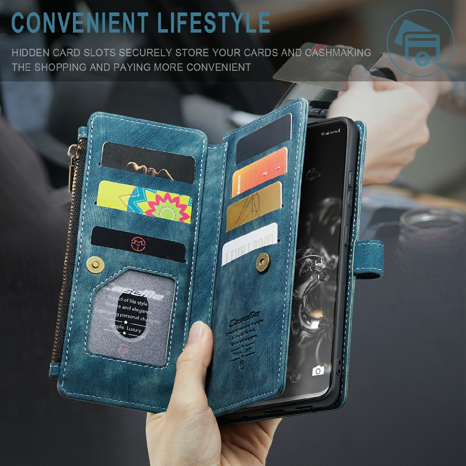 CASEME C30 Series For Samsung Galaxy S20 Ultra Scratch Resistant Supporting Stand Design Zipper Pocket Shockproof PU Leather TPU Wallet Cover Flip Case Phone Case - Blue