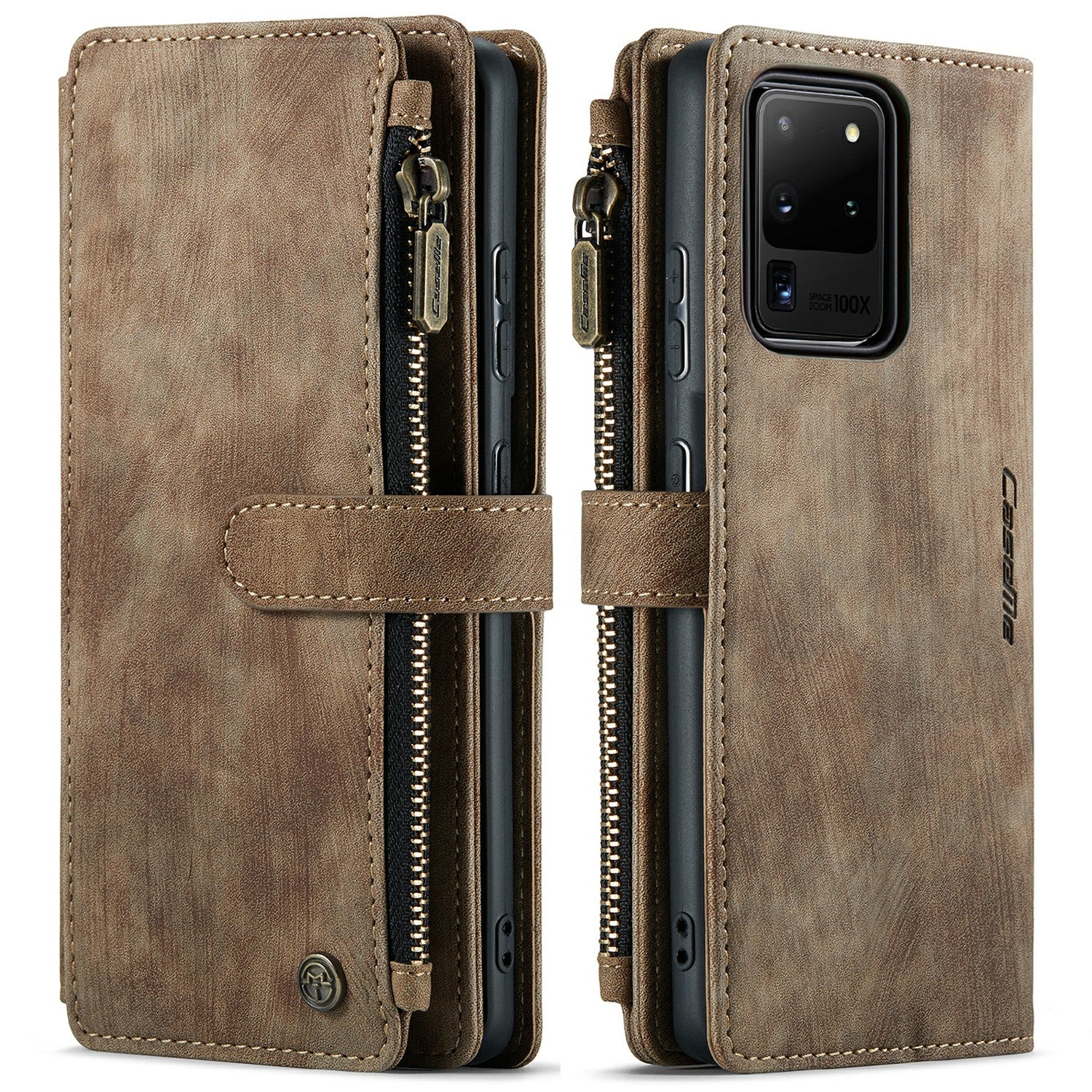 CASEME C30 Series For Samsung Galaxy S20 Ultra Scratch Resistant Supporting Stand Design Zipper Pocket Shockproof PU Leather TPU Wallet Cover Flip Case Phone Case - Brown