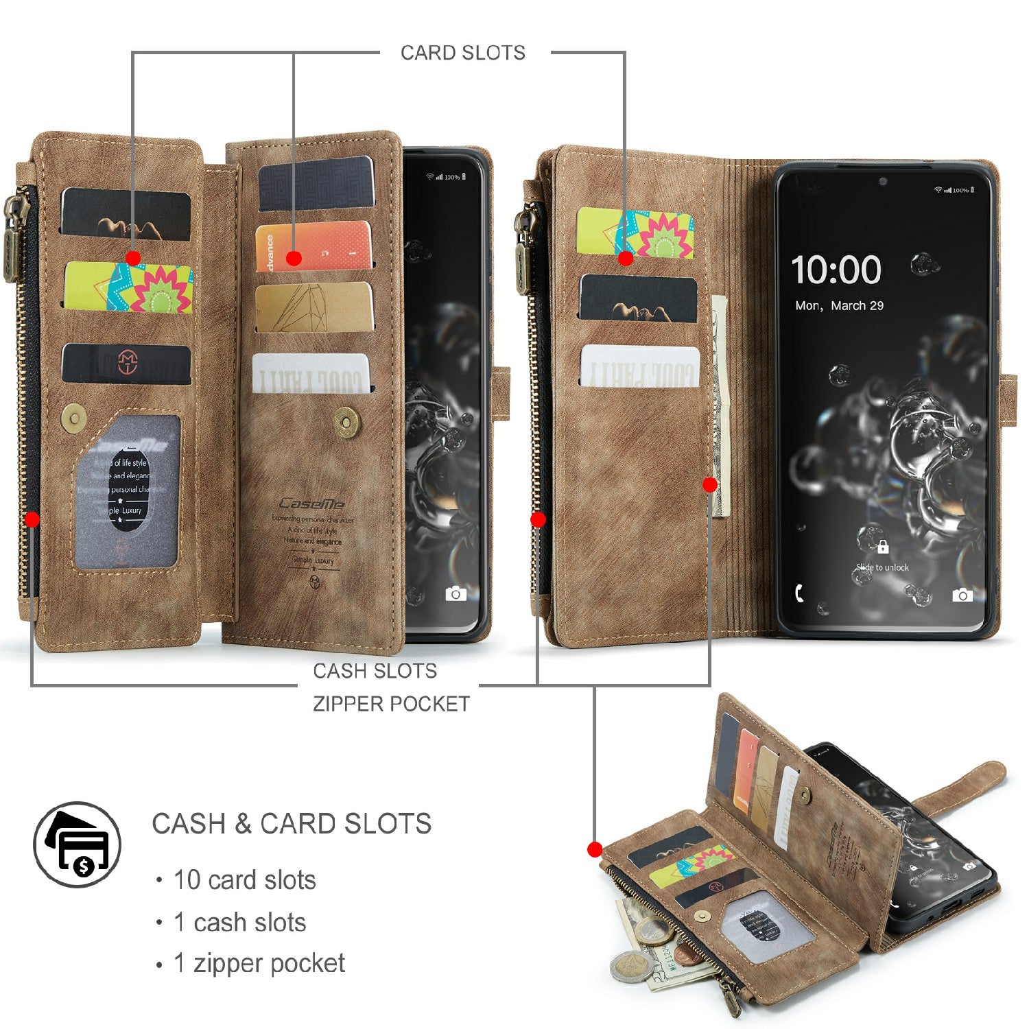 CASEME C30 Series For Samsung Galaxy S20 Ultra Scratch Resistant Supporting Stand Design Zipper Pocket Shockproof PU Leather TPU Wallet Cover Flip Case Phone Case - Brown