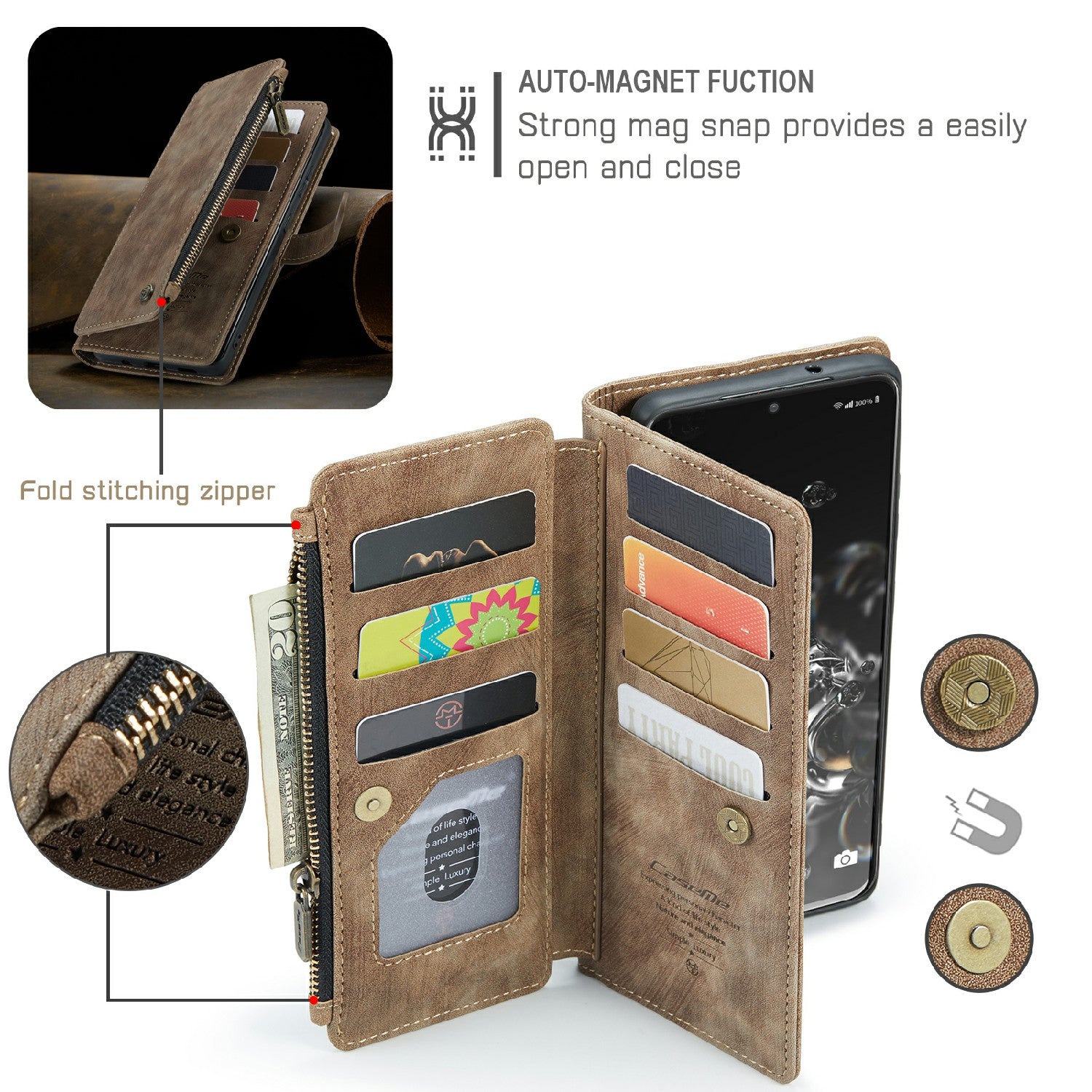 CASEME C30 Series For Samsung Galaxy S20 Ultra Scratch Resistant Supporting Stand Design Zipper Pocket Shockproof PU Leather TPU Wallet Cover Flip Case Phone Case - Brown