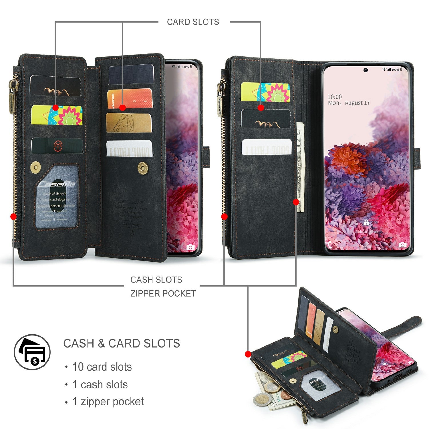 CASEME C30 Series Premium PU Leather Wallet Case with Stand and Card Holder for Samsung Galaxy S20 4G/S20 5G - Black