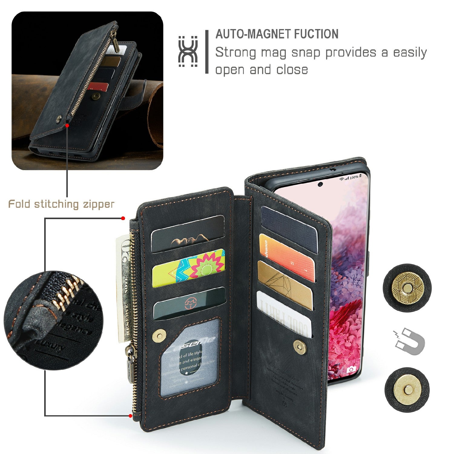 CASEME C30 Series Premium PU Leather Wallet Case with Stand and Card Holder for Samsung Galaxy S20 4G/S20 5G - Black