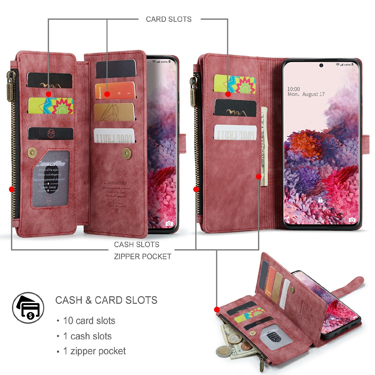 CASEME C30 Series Premium PU Leather Wallet Case with Stand and Card Holder for Samsung Galaxy S20 4G/S20 5G - Red