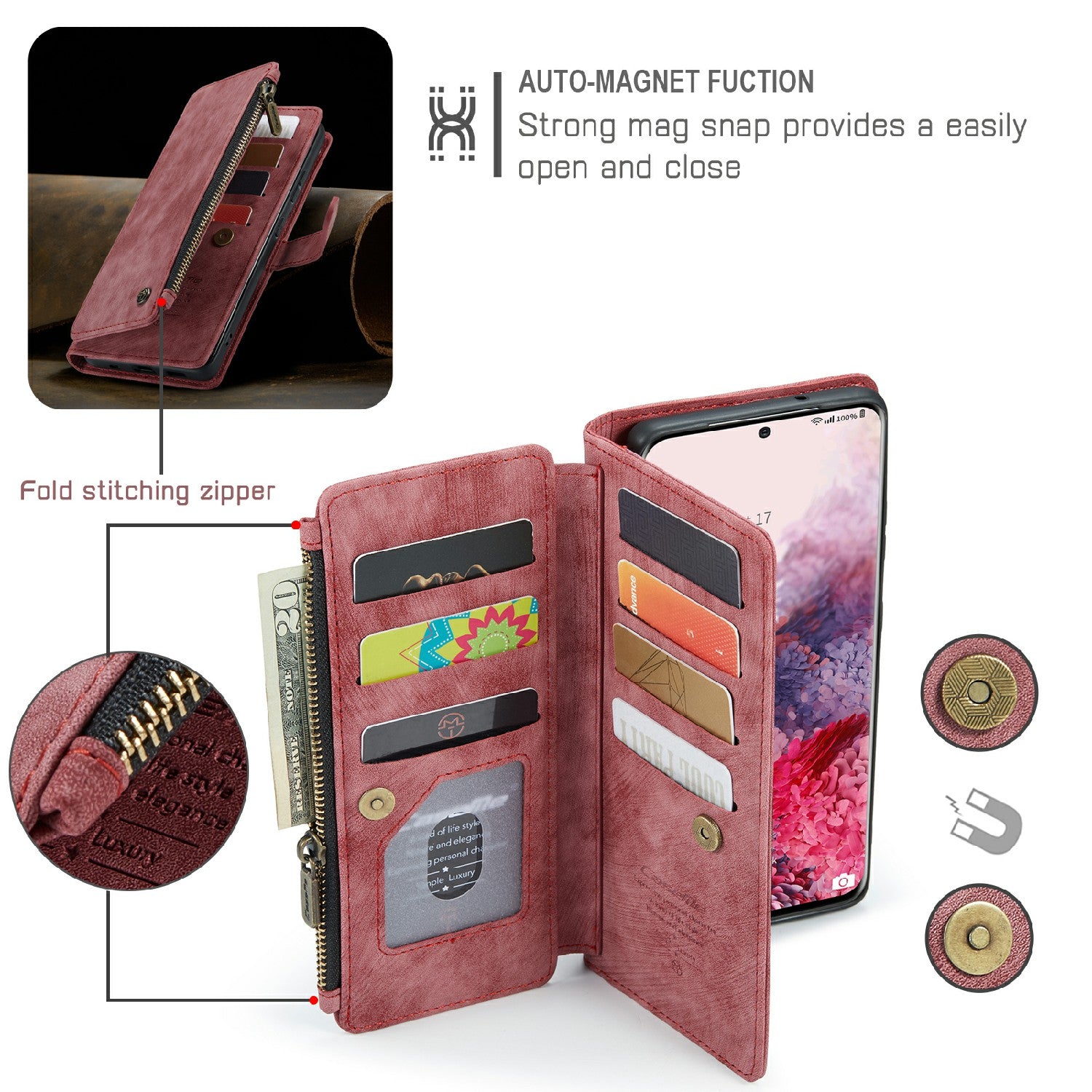 CASEME C30 Series Premium PU Leather Wallet Case with Stand and Card Holder for Samsung Galaxy S20 4G/S20 5G - Red