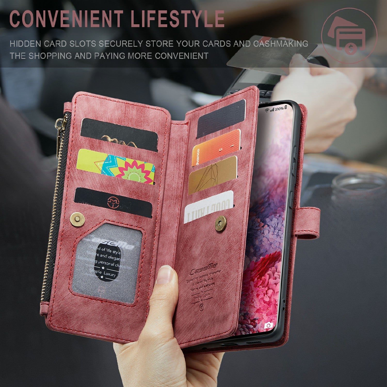 CASEME C30 Series Premium PU Leather Wallet Case with Stand and Card Holder for Samsung Galaxy S20 4G/S20 5G - Red