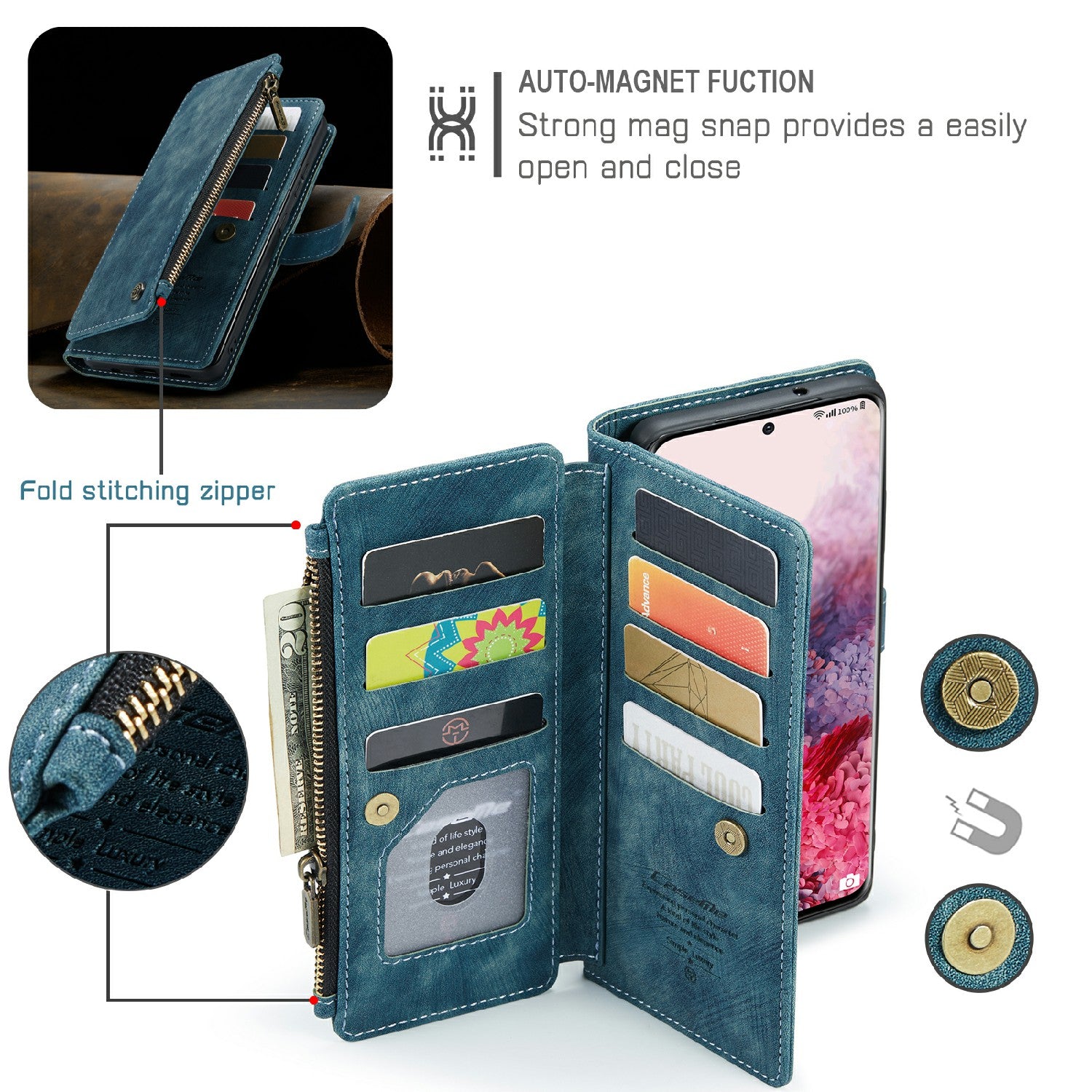 CASEME C30 Series Premium PU Leather Wallet Case with Stand and Card Holder for Samsung Galaxy S20 4G/S20 5G - Green