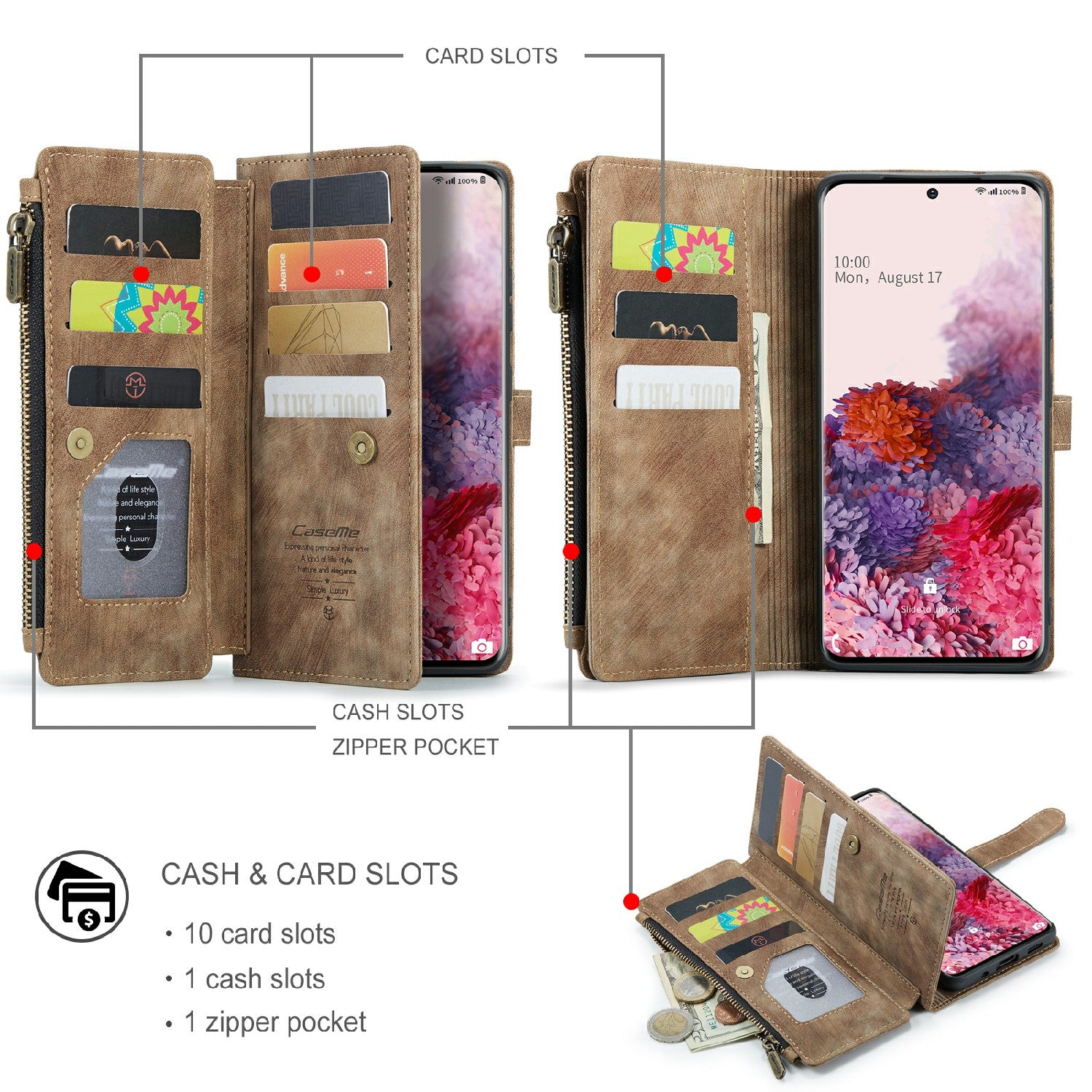 CASEME C30 Series Premium PU Leather Wallet Case with Stand and Card Holder for Samsung Galaxy S20 4G/S20 5G - Brown