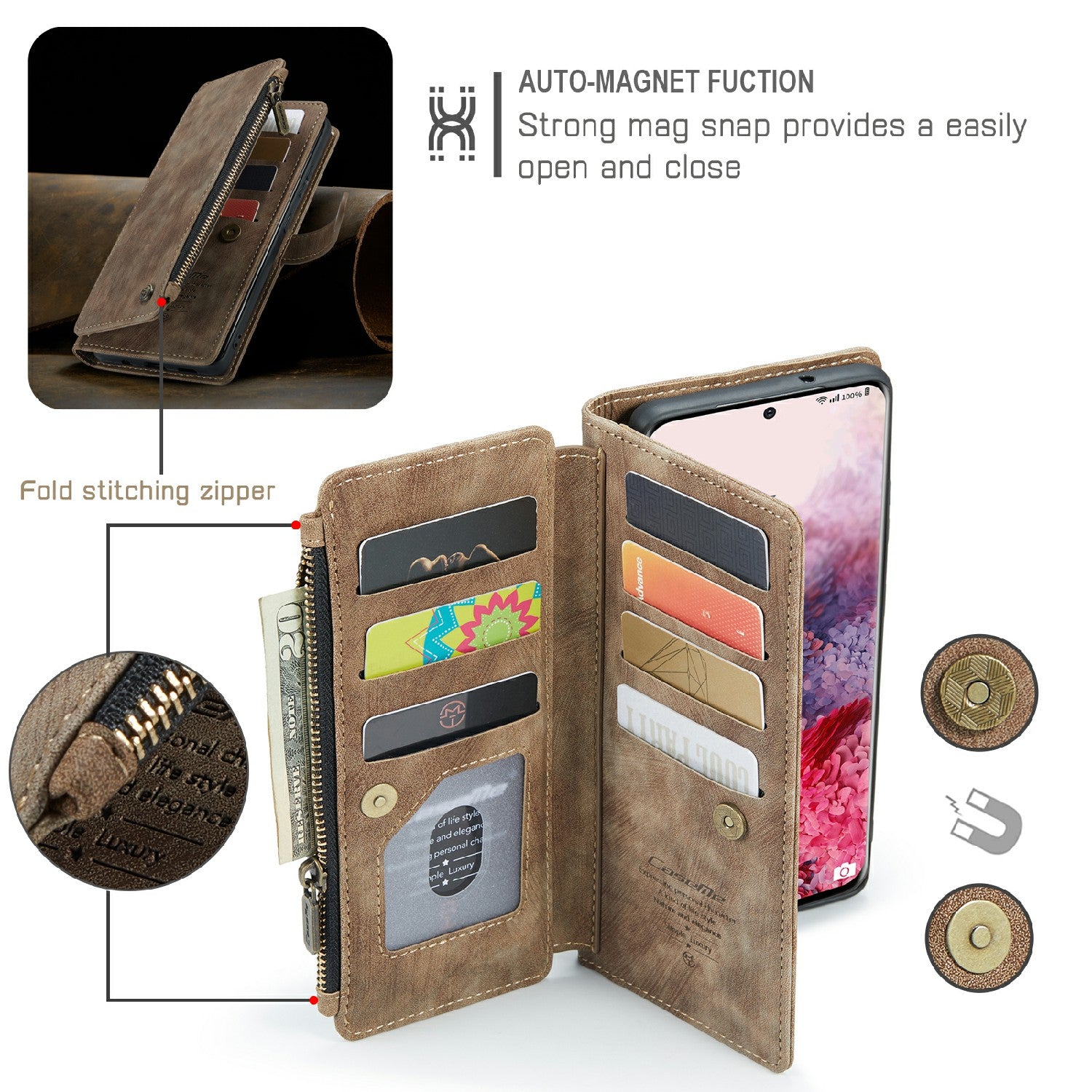 CASEME C30 Series Premium PU Leather Wallet Case with Stand and Card Holder for Samsung Galaxy S20 4G/S20 5G - Brown