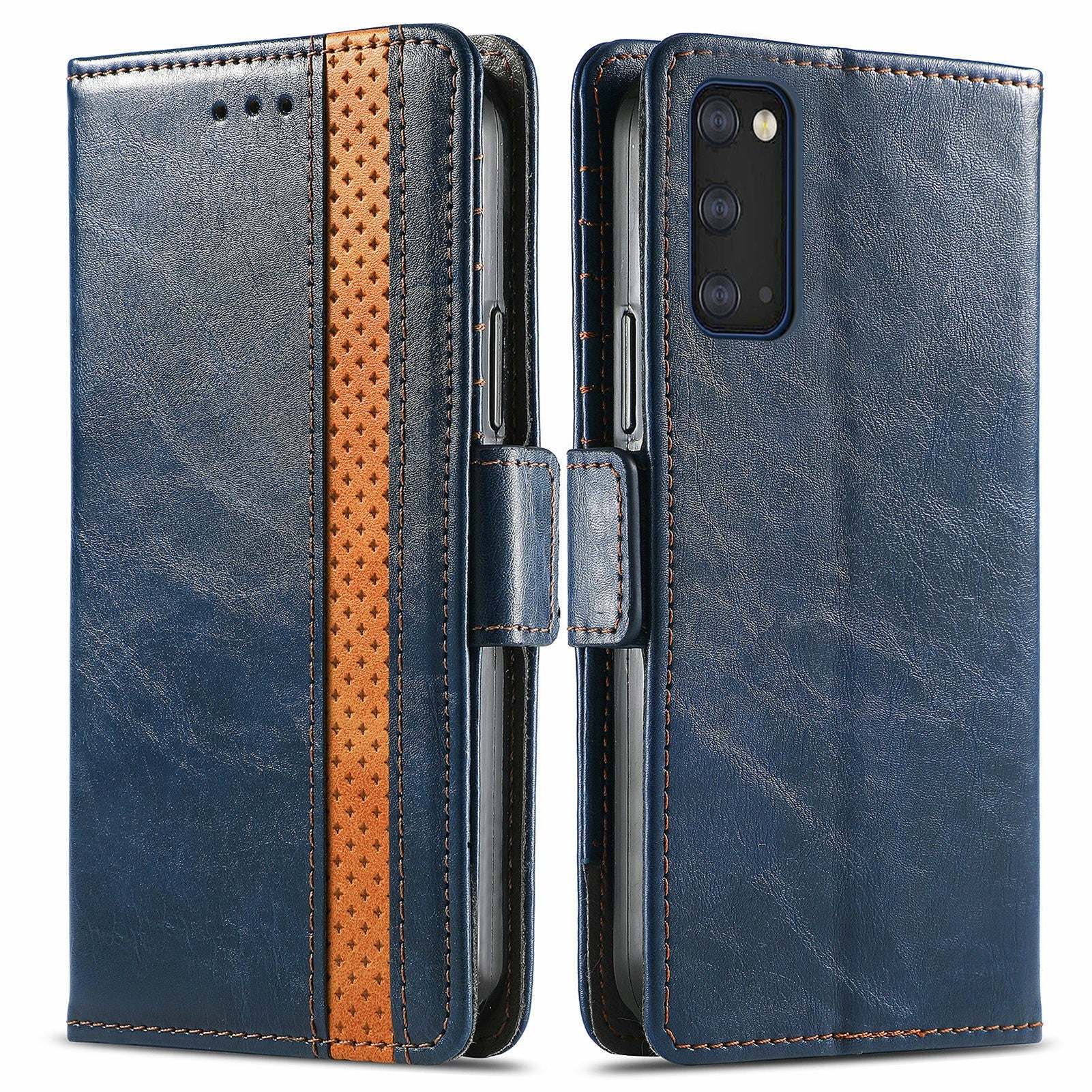 CASENEO 002 Series All-inclusive Protection Business Style Splicing PU Leather Stand Wallet Case for Samsung Galaxy S20 Plus 4G/5G - Dark Blue