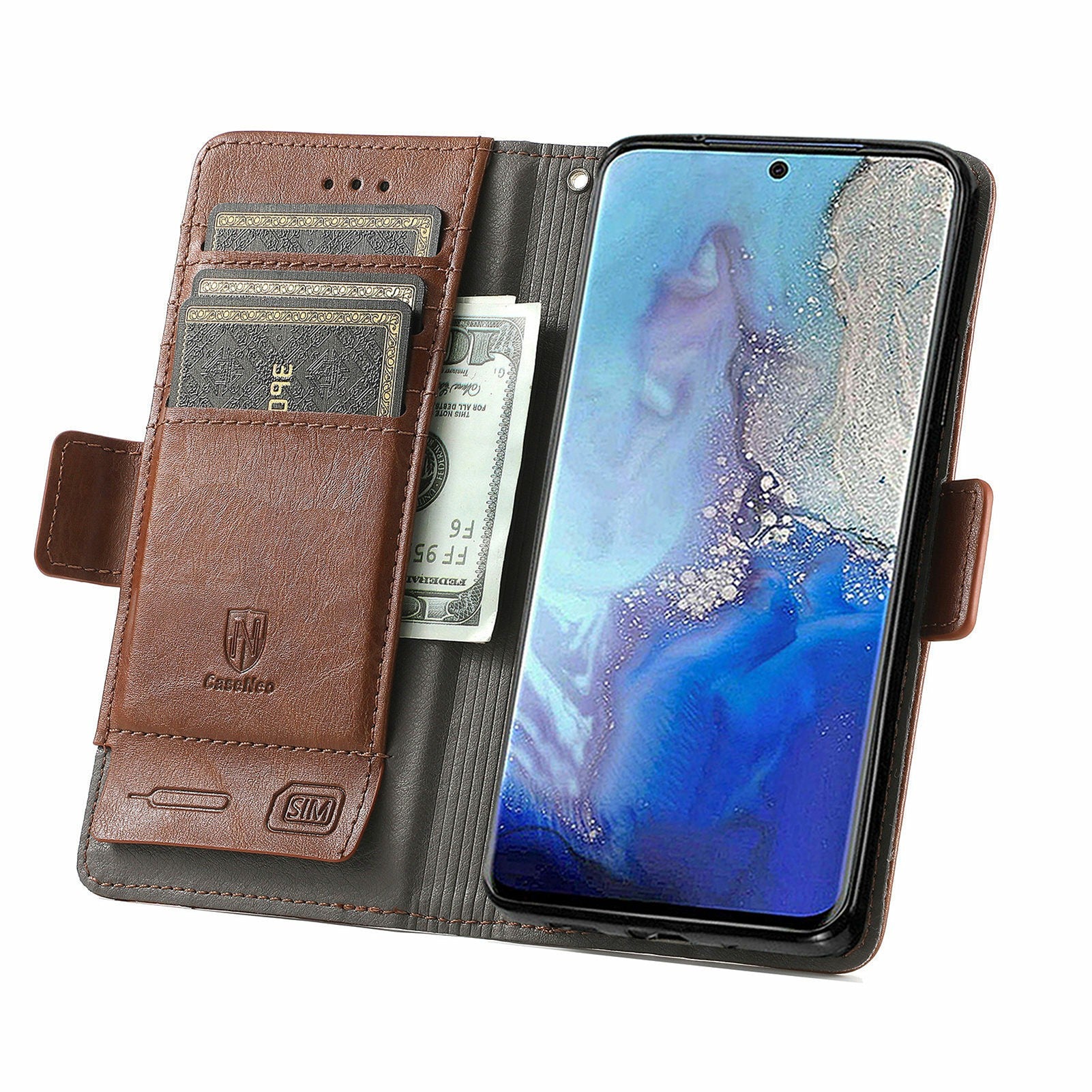 CASENEO 002 Series All-inclusive Protection Business Style Splicing PU Leather Stand Wallet Case for Samsung Galaxy S20 Plus 4G/5G - Dark Brown