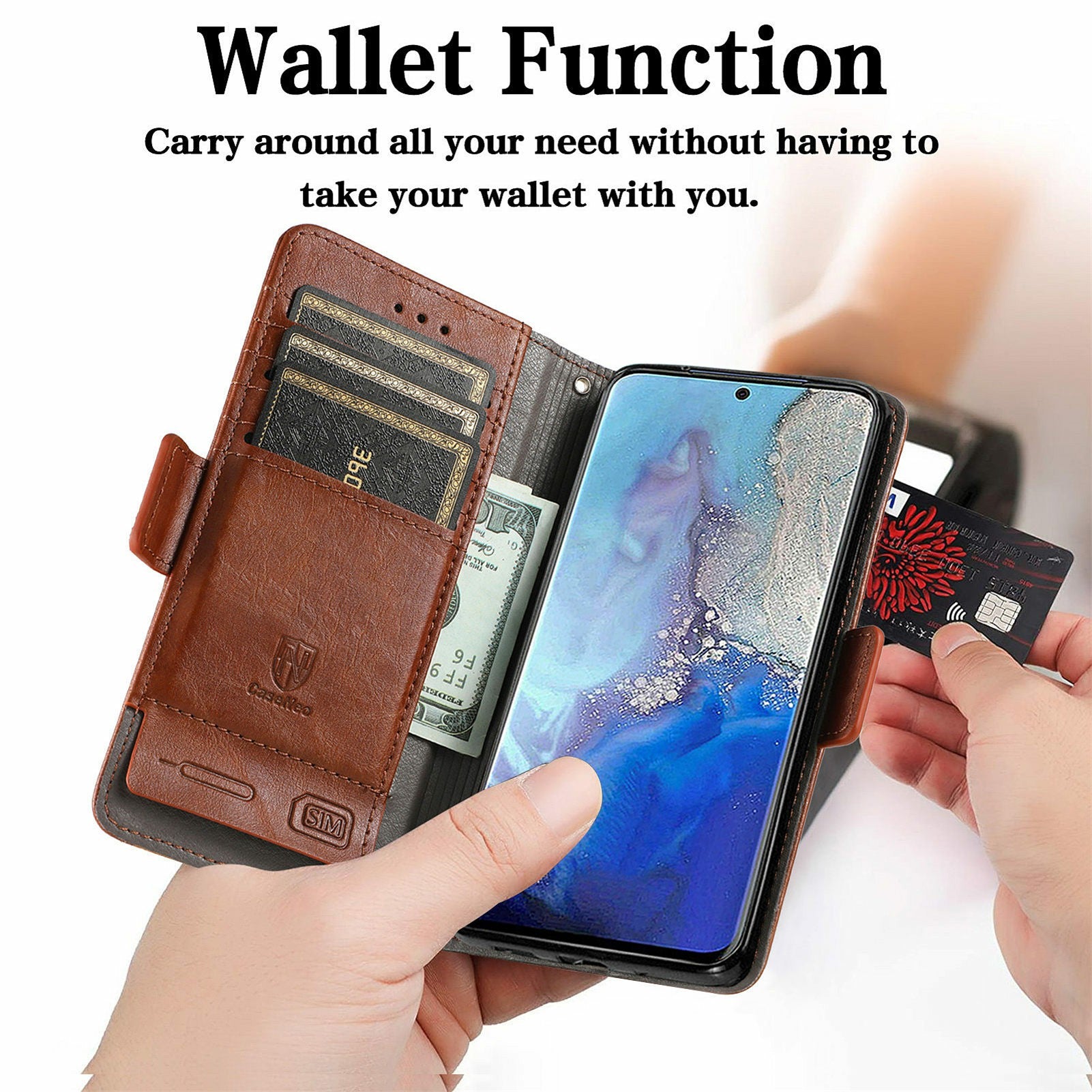 CASENEO 002 Series All-inclusive Protection Business Style Splicing PU Leather Stand Wallet Case for Samsung Galaxy S20 Plus 4G/5G - Dark Brown