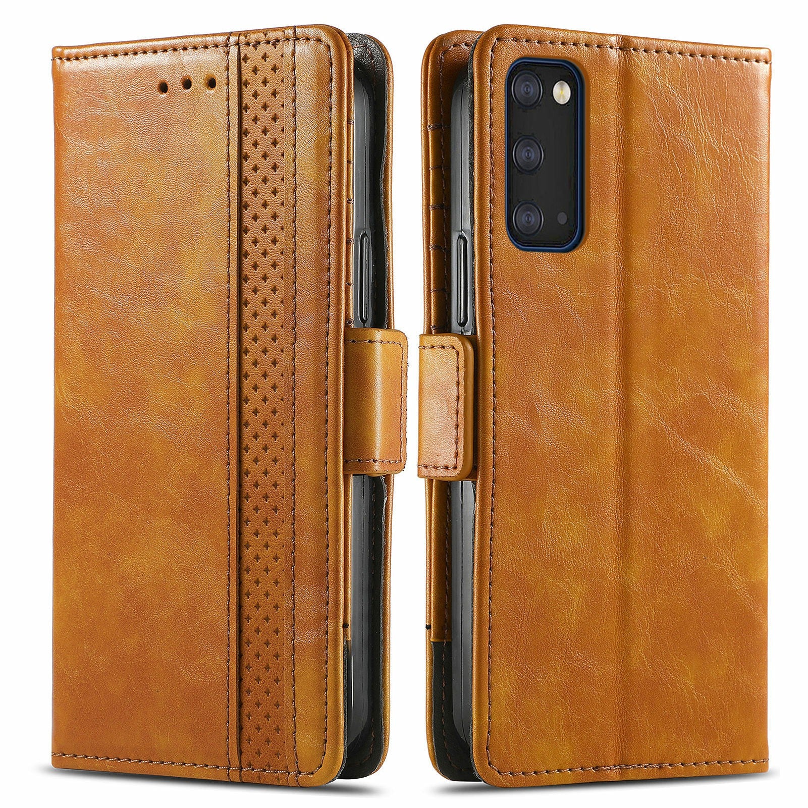 CASENEO 002 Series All-inclusive Protection Business Style Splicing PU Leather Stand Wallet Case for Samsung Galaxy S20 Plus 4G/5G - Light Brown