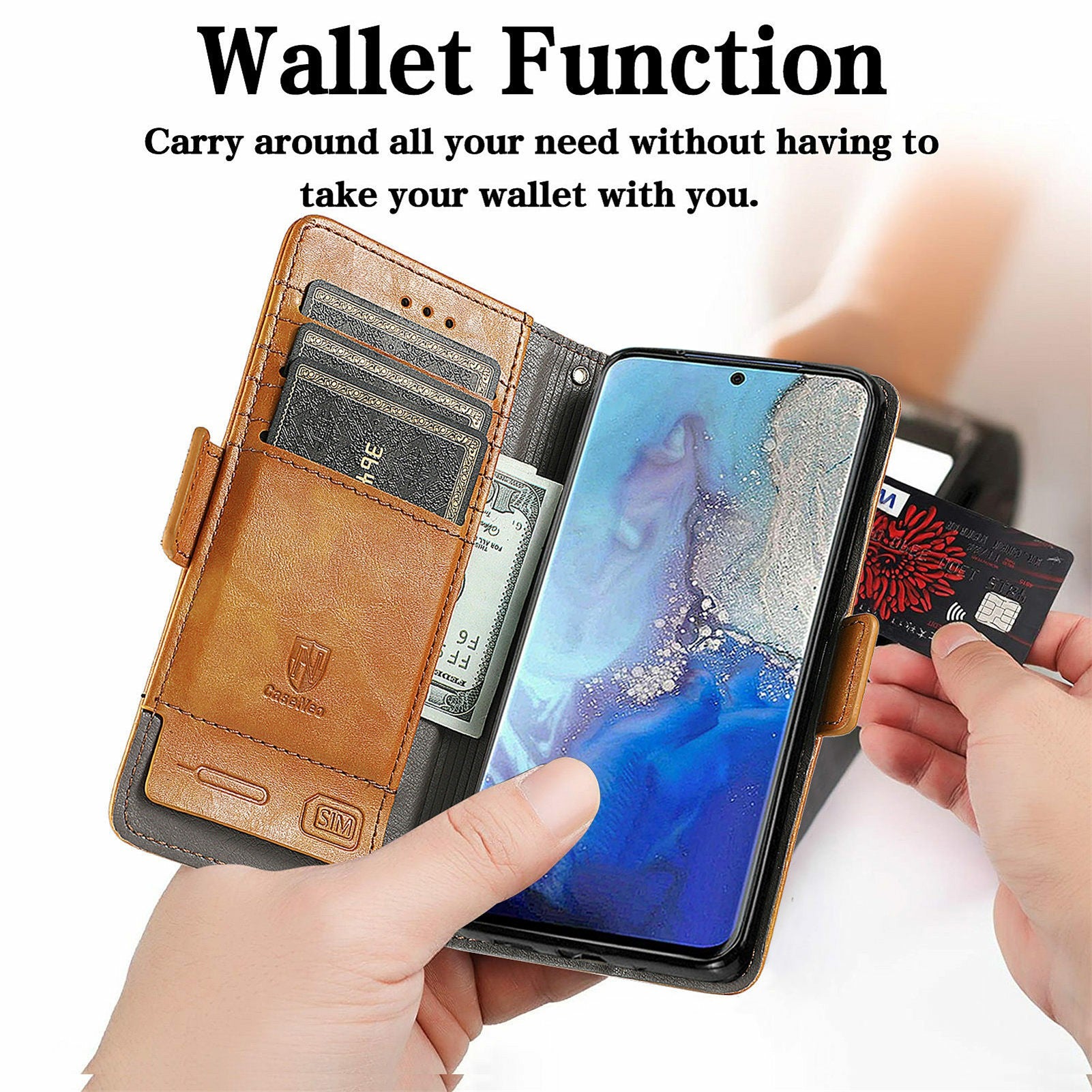 CASENEO 002 Series All-inclusive Protection Business Style Splicing PU Leather Stand Wallet Case for Samsung Galaxy S20 Plus 4G/5G - Light Brown