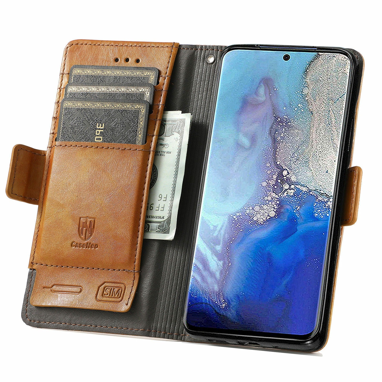 CASENEO 002 Series Bump-proof Business Style Splicing PU Leather Stand Wallet Case for Samsung Galaxy S20 4G/S20 5G - Light Brown