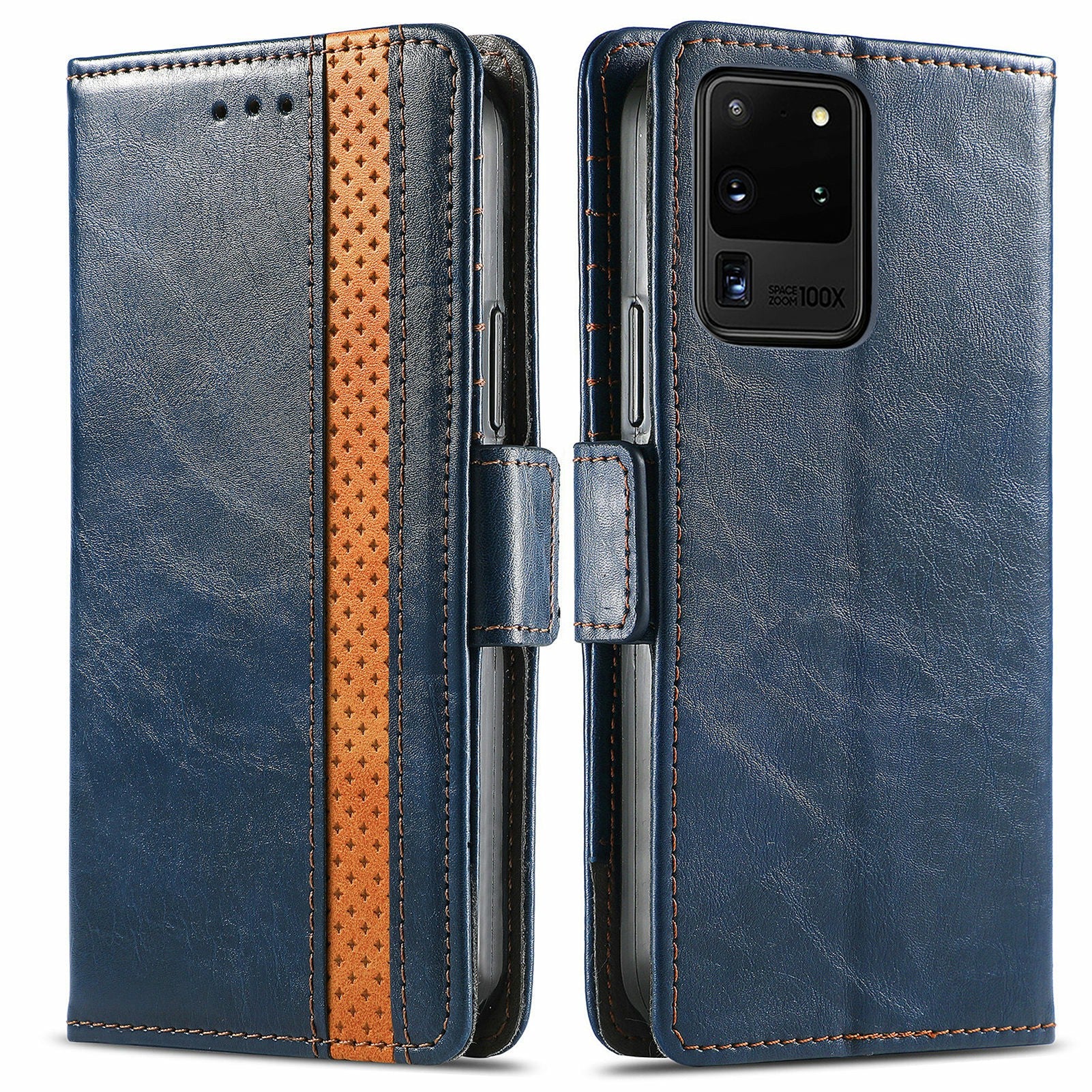 For Samsung Galaxy S20 Ultra CASENEO 002 Series Business Style Splicing Leather Case Stand Wallet Cover - Dark Blue