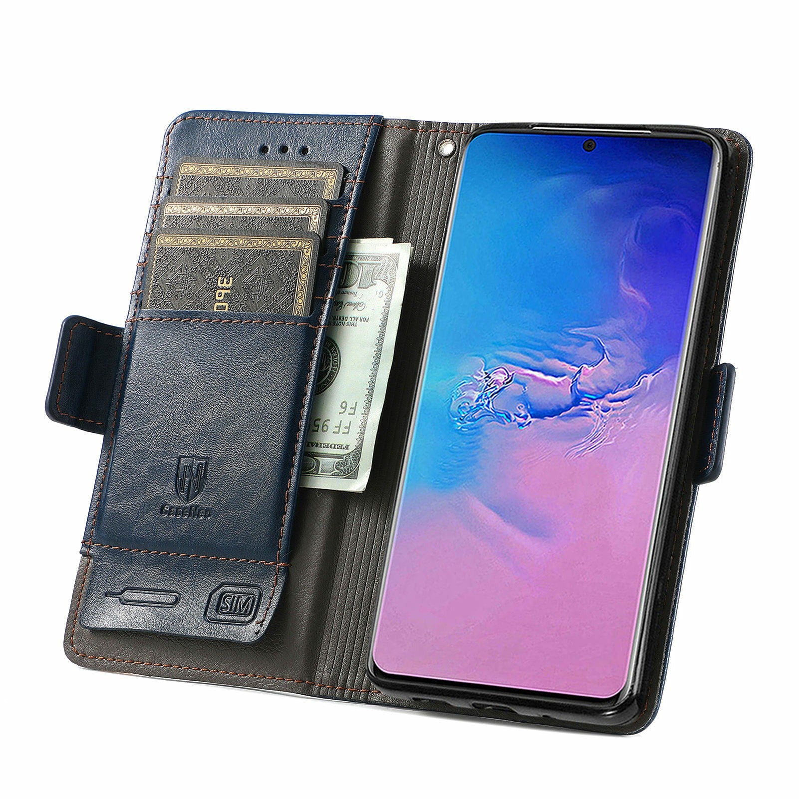 For Samsung Galaxy S20 Ultra CASENEO 002 Series Business Style Splicing Leather Case Stand Wallet Cover - Dark Blue