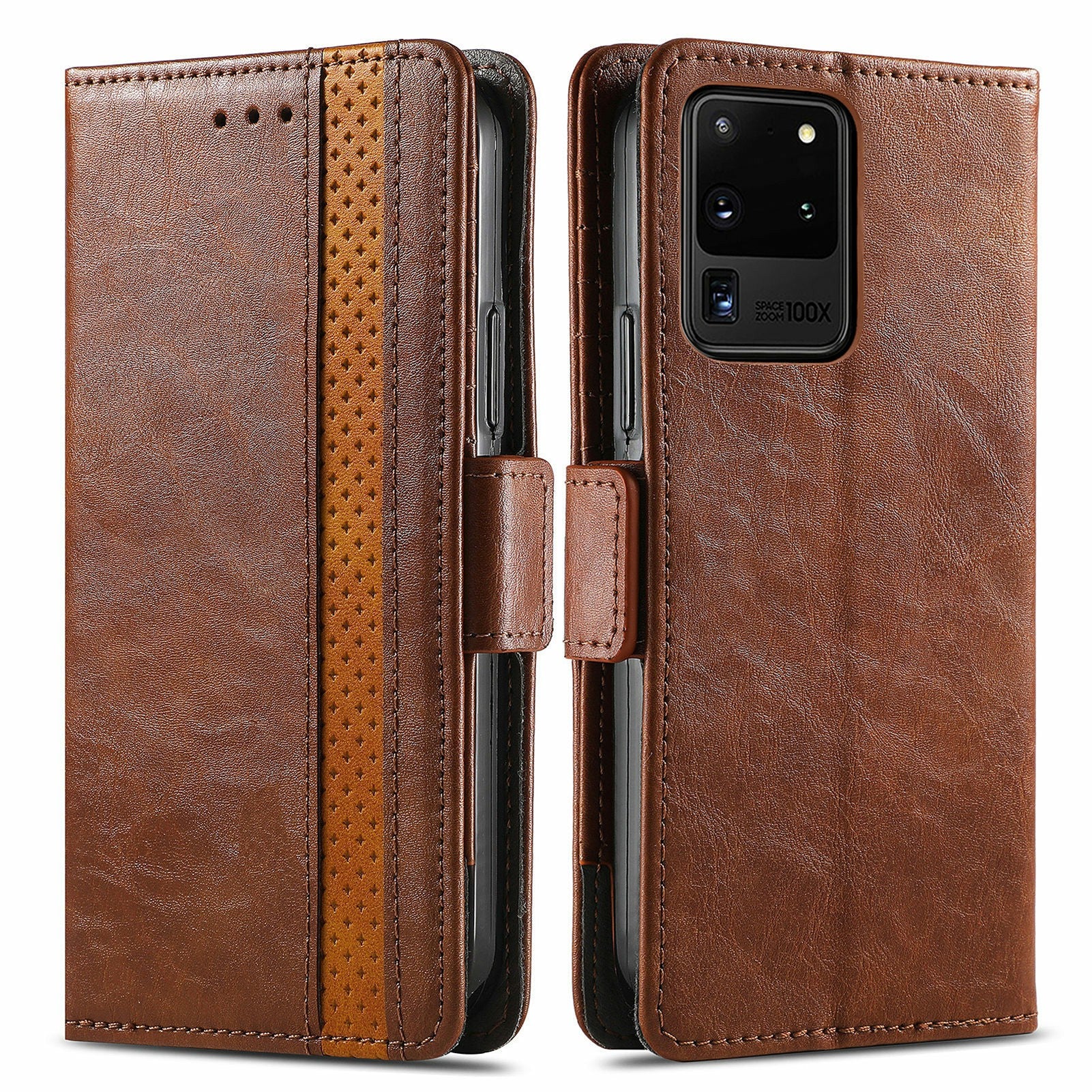 For Samsung Galaxy S20 Ultra CASENEO 002 Series Business Style Splicing Leather Case Stand Wallet Cover - Dark Brown