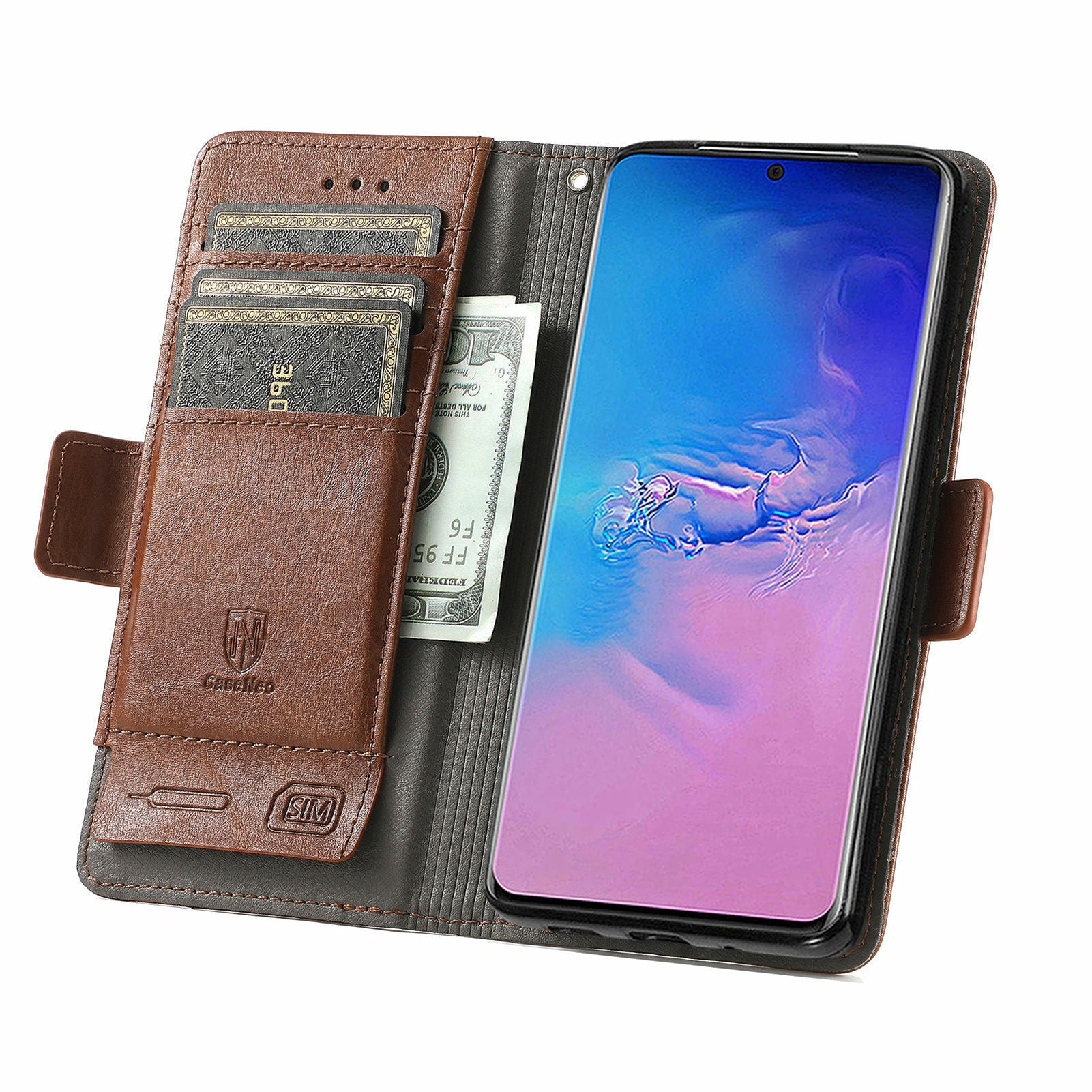 For Samsung Galaxy S20 Ultra CASENEO 002 Series Business Style Splicing Leather Case Stand Wallet Cover - Dark Brown