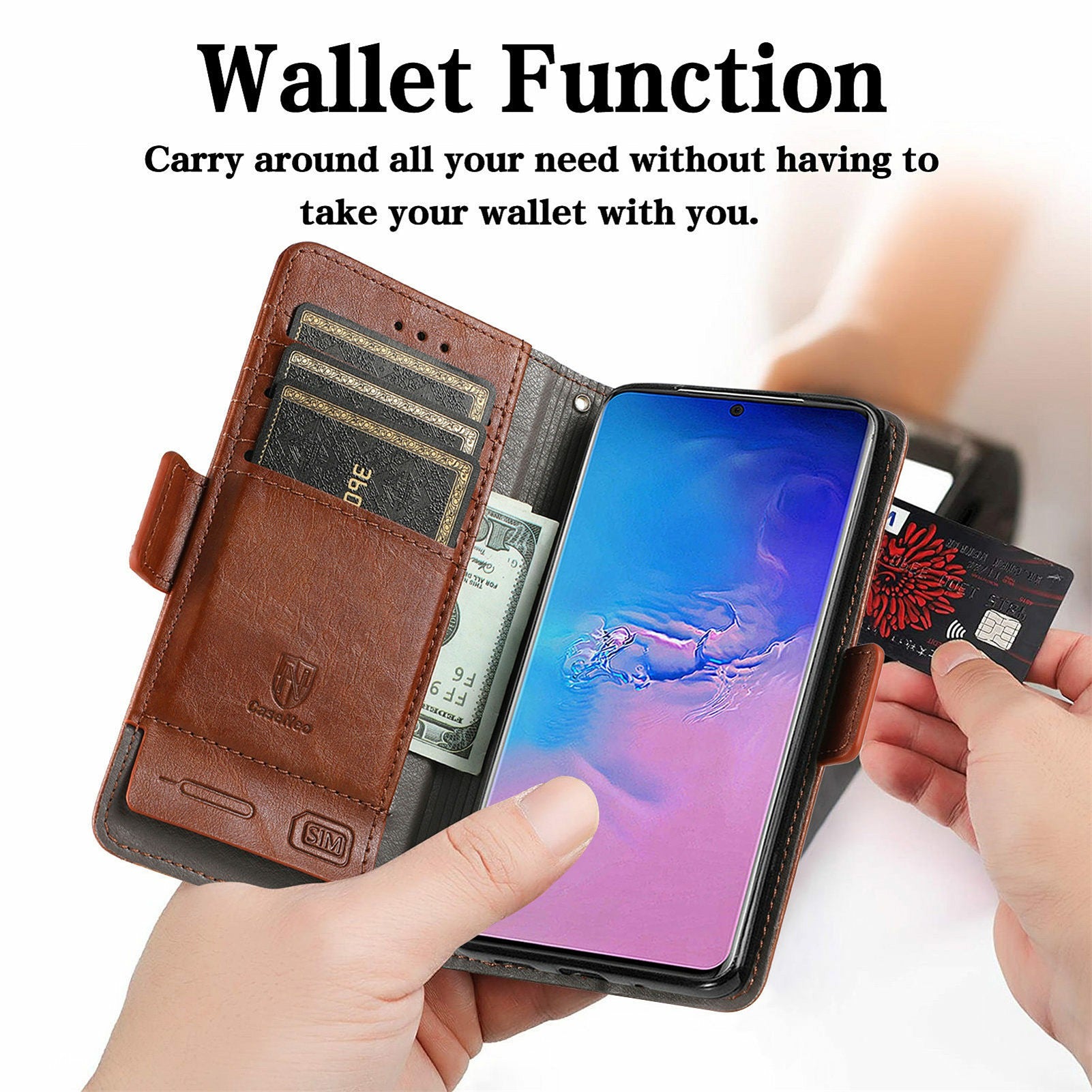 For Samsung Galaxy S20 Ultra CASENEO 002 Series Business Style Splicing Leather Case Stand Wallet Cover - Dark Brown