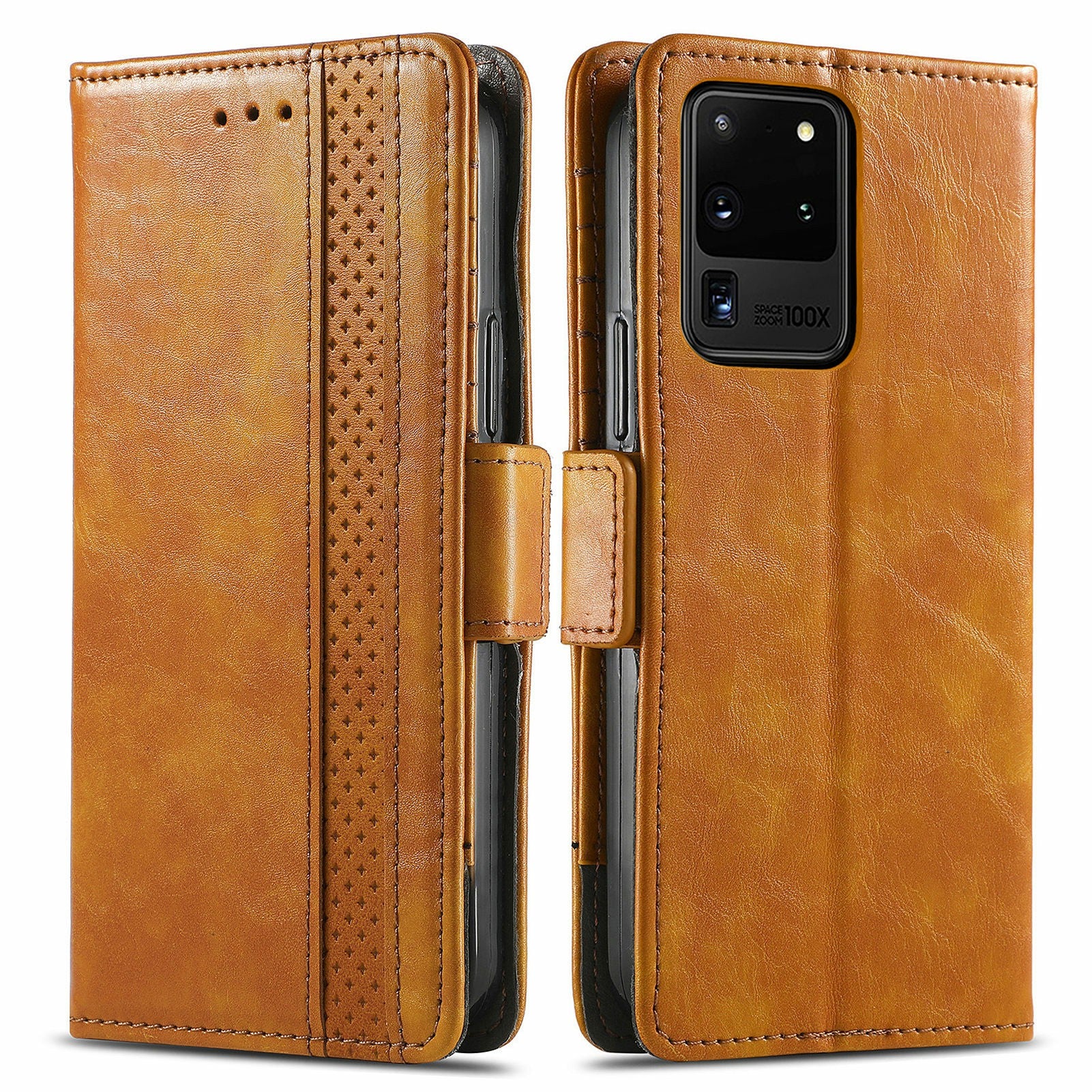 For Samsung Galaxy S20 Ultra CASENEO 002 Series Business Style Splicing Leather Case Stand Wallet Cover - Light Brown