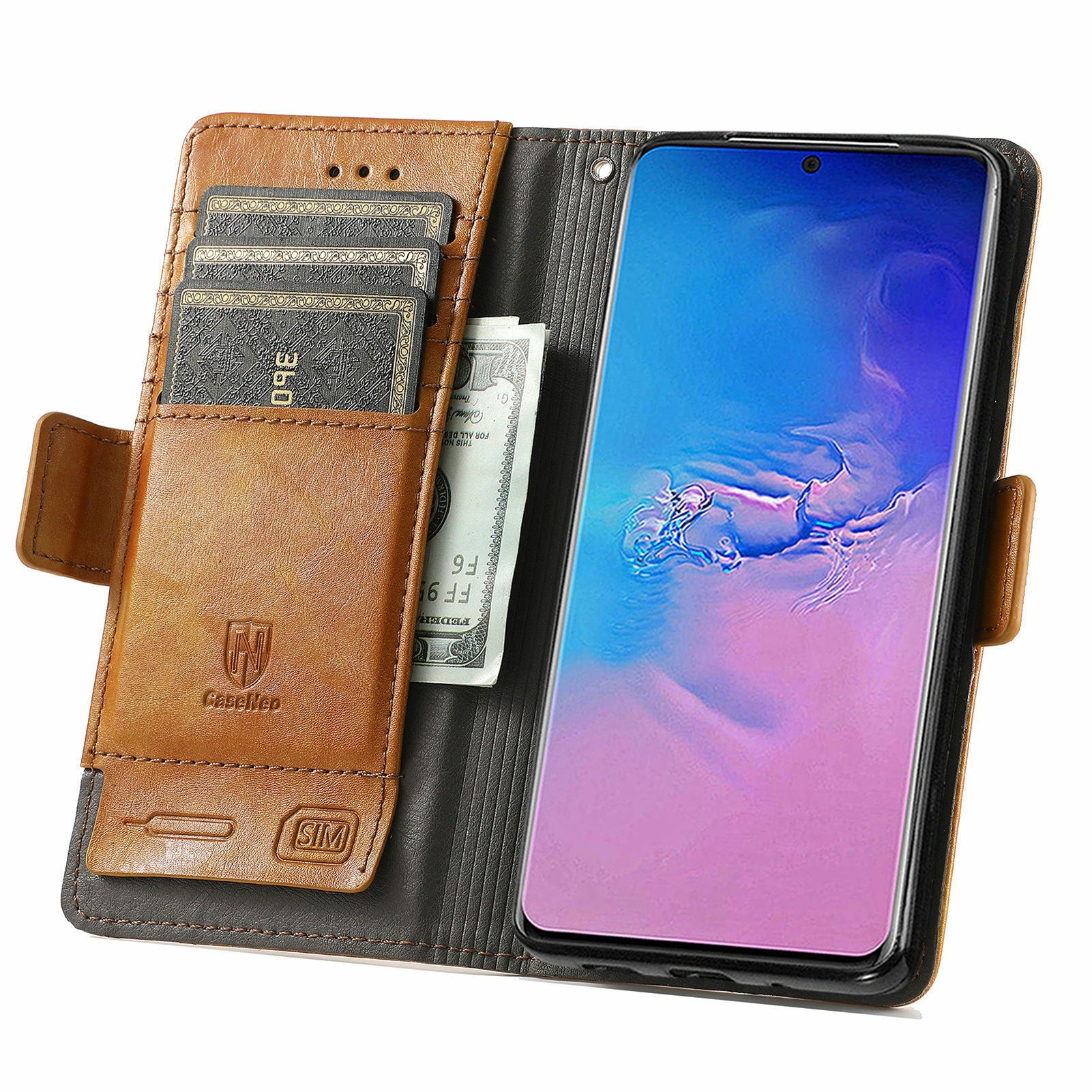 For Samsung Galaxy S20 Ultra CASENEO 002 Series Business Style Splicing Leather Case Stand Wallet Cover - Light Brown