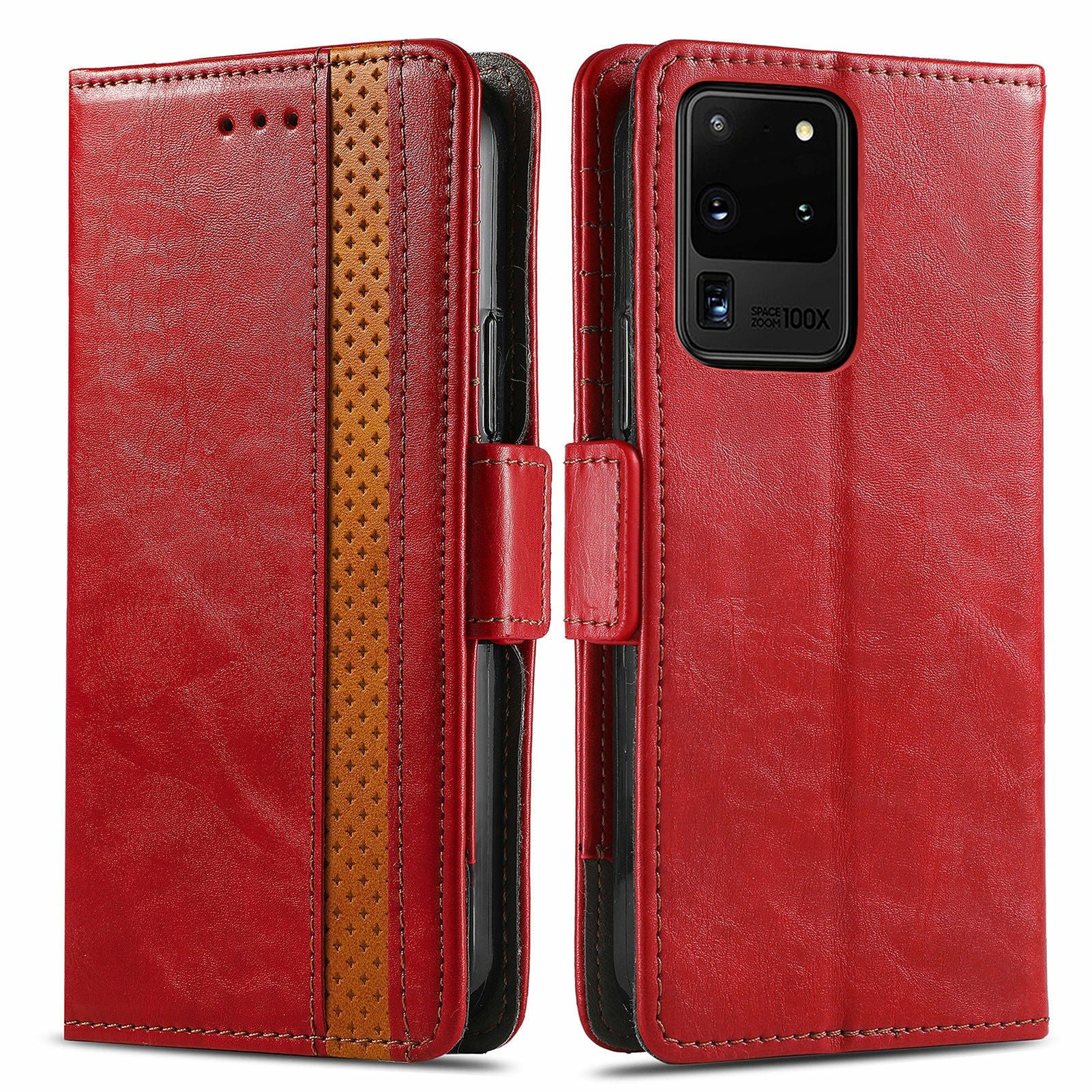 For Samsung Galaxy S20 Ultra CASENEO 002 Series Business Style Splicing Leather Case Stand Wallet Cover - Red