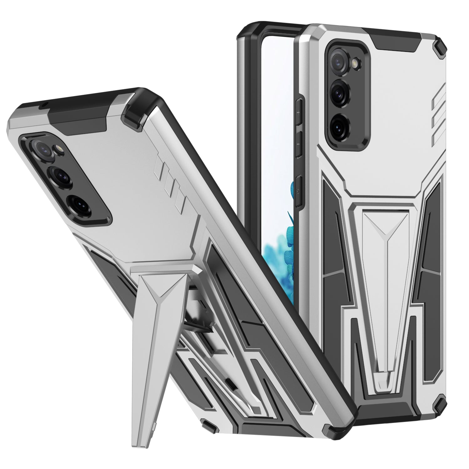 Anti-Fall V-Shaped Kickstand TPU + PC Hybrid Phone Cover Case with Built-in Metal Sheet for Samsung Galaxy S20 FE 2022/S20 FE 4G/S20 FE 5G/S20 Lite - Silver