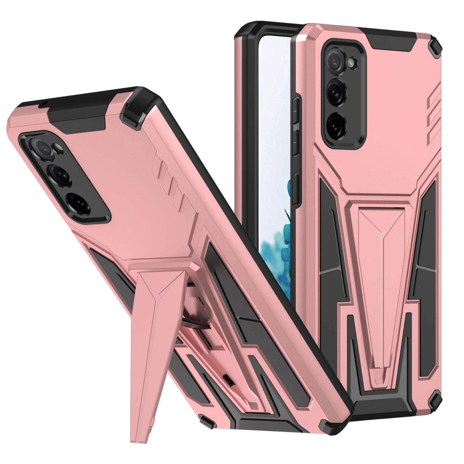 Anti-Fall V-Shaped Kickstand TPU + PC Hybrid Phone Cover Case with Built-in Metal Sheet for Samsung Galaxy S20 FE 2022/S20 FE 4G/S20 FE 5G/S20 Lite - Rose Gold