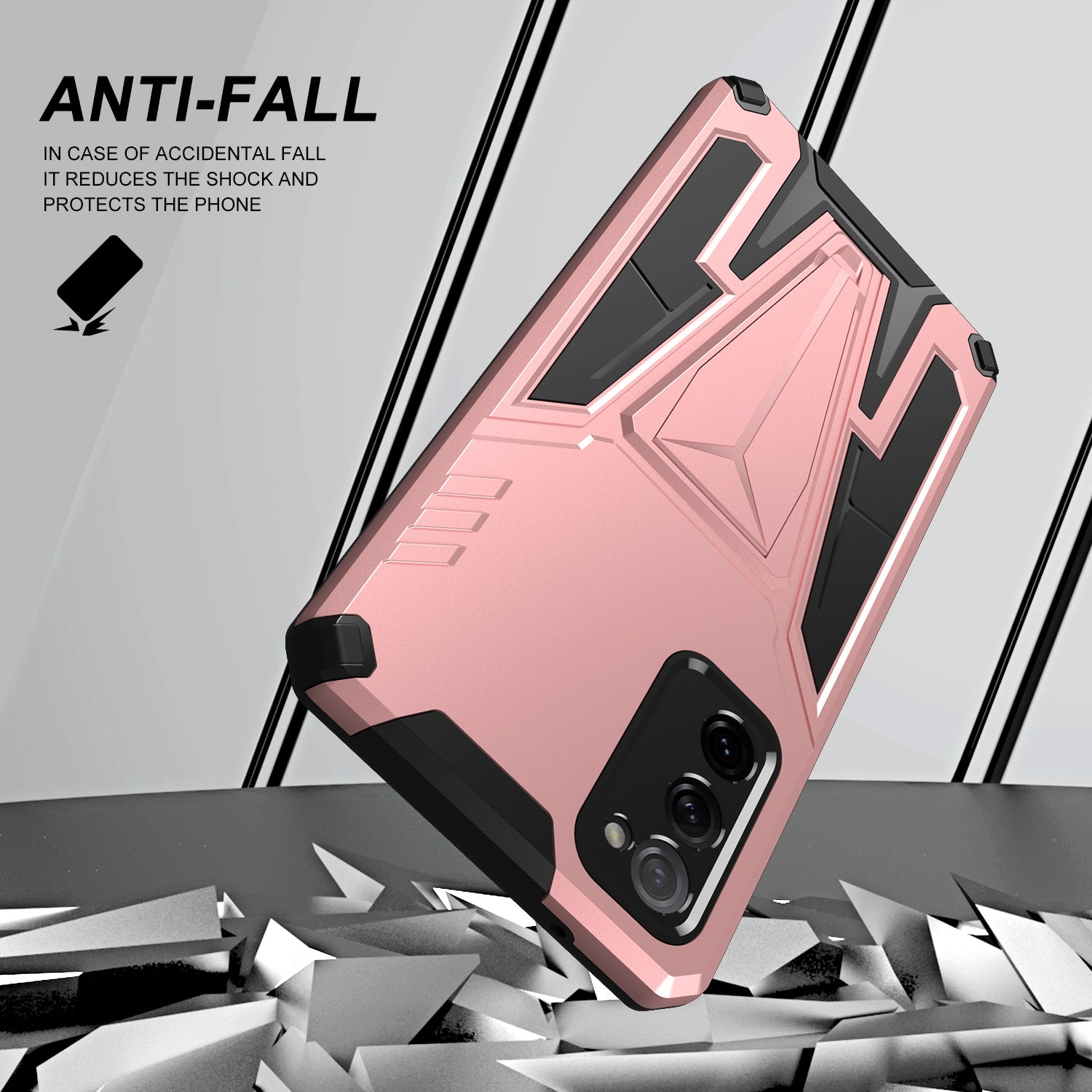 Anti-Fall V-Shaped Kickstand TPU + PC Hybrid Phone Cover Case with Built-in Metal Sheet for Samsung Galaxy S20 FE 2022/S20 FE 4G/S20 FE 5G/S20 Lite - Rose Gold