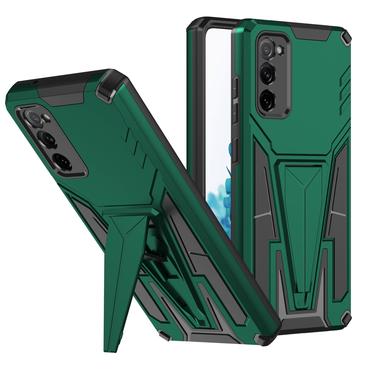 Anti-Fall V-Shaped Kickstand TPU + PC Hybrid Phone Cover Case with Built-in Metal Sheet for Samsung Galaxy S20 FE 2022/S20 FE 4G/S20 FE 5G/S20 Lite - Green