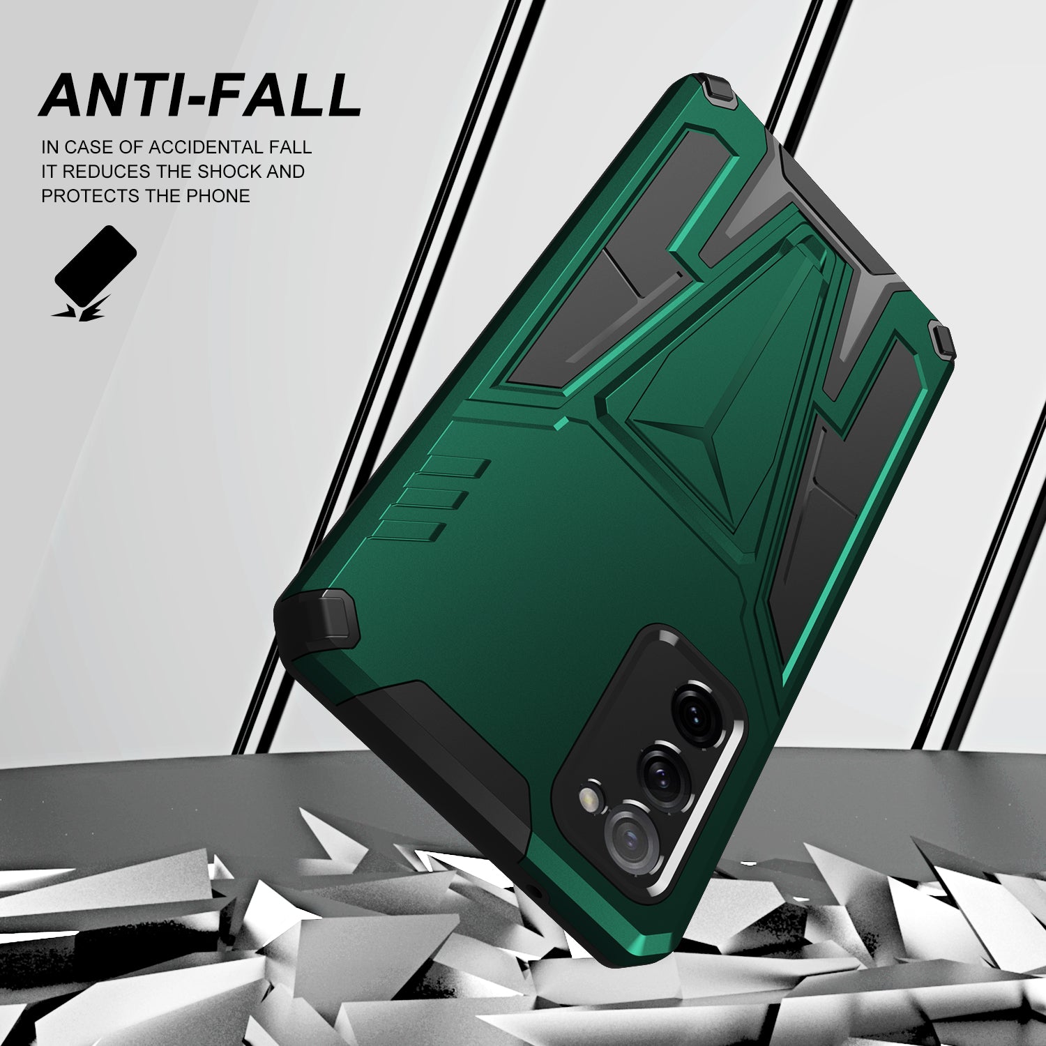 Anti-Fall V-Shaped Kickstand TPU + PC Hybrid Phone Cover Case with Built-in Metal Sheet for Samsung Galaxy S20 FE 2022/S20 FE 4G/S20 FE 5G/S20 Lite - Green