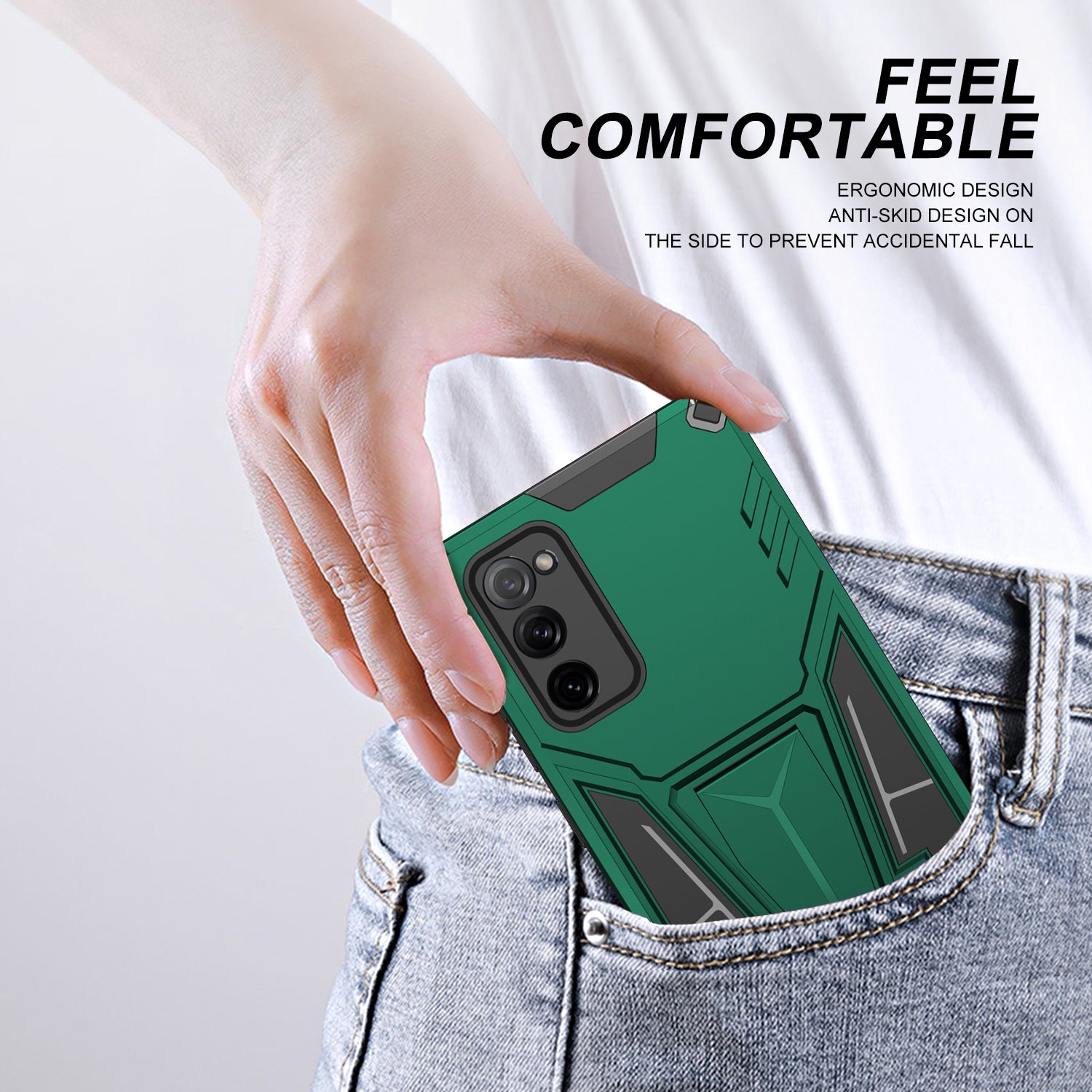 Anti-Fall V-Shaped Kickstand TPU + PC Hybrid Phone Cover Case with Built-in Metal Sheet for Samsung Galaxy S20 FE 2022/S20 FE 4G/S20 FE 5G/S20 Lite - Green