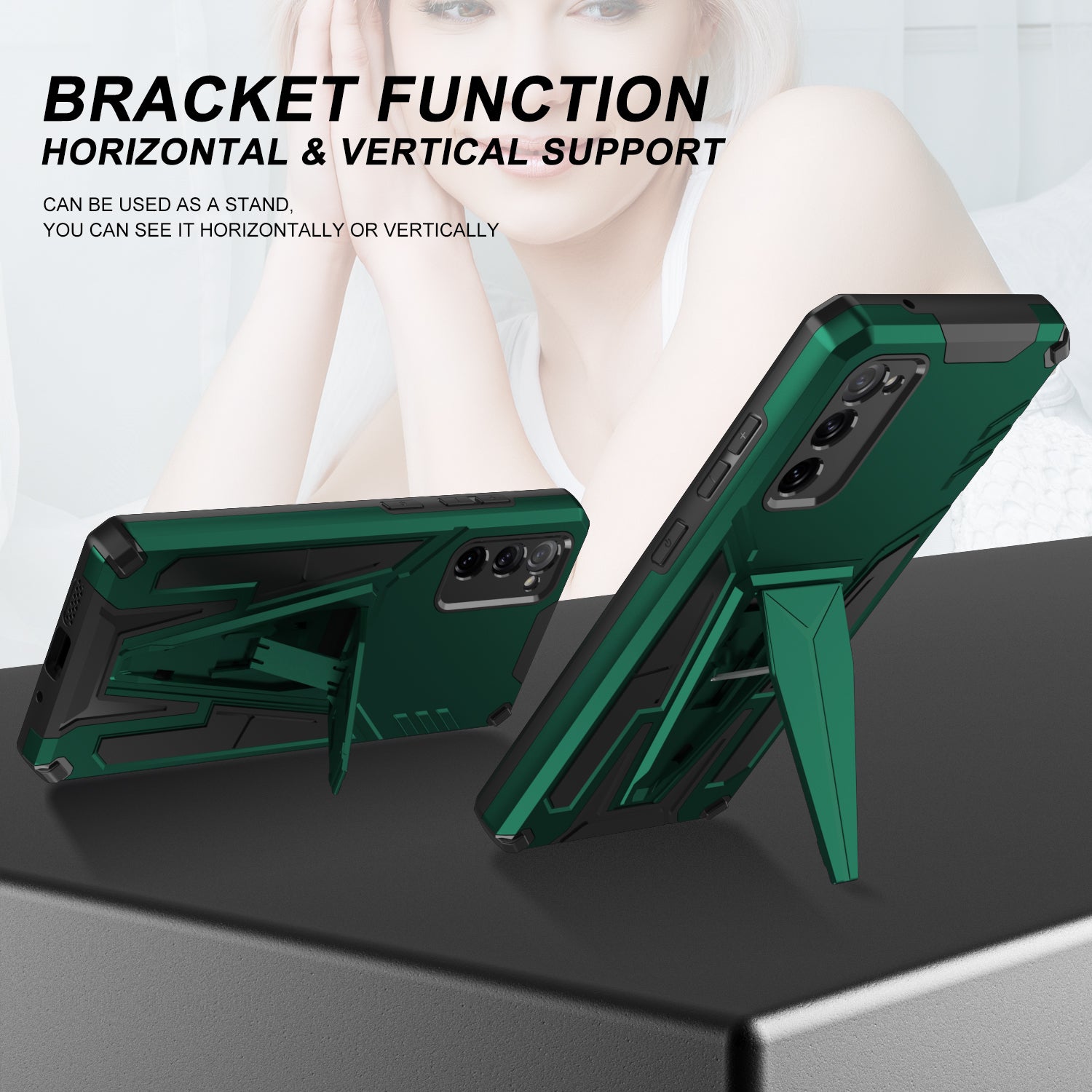 Anti-Fall V-Shaped Kickstand TPU + PC Hybrid Phone Cover Case with Built-in Metal Sheet for Samsung Galaxy S20 FE 2022/S20 FE 4G/S20 FE 5G/S20 Lite - Green